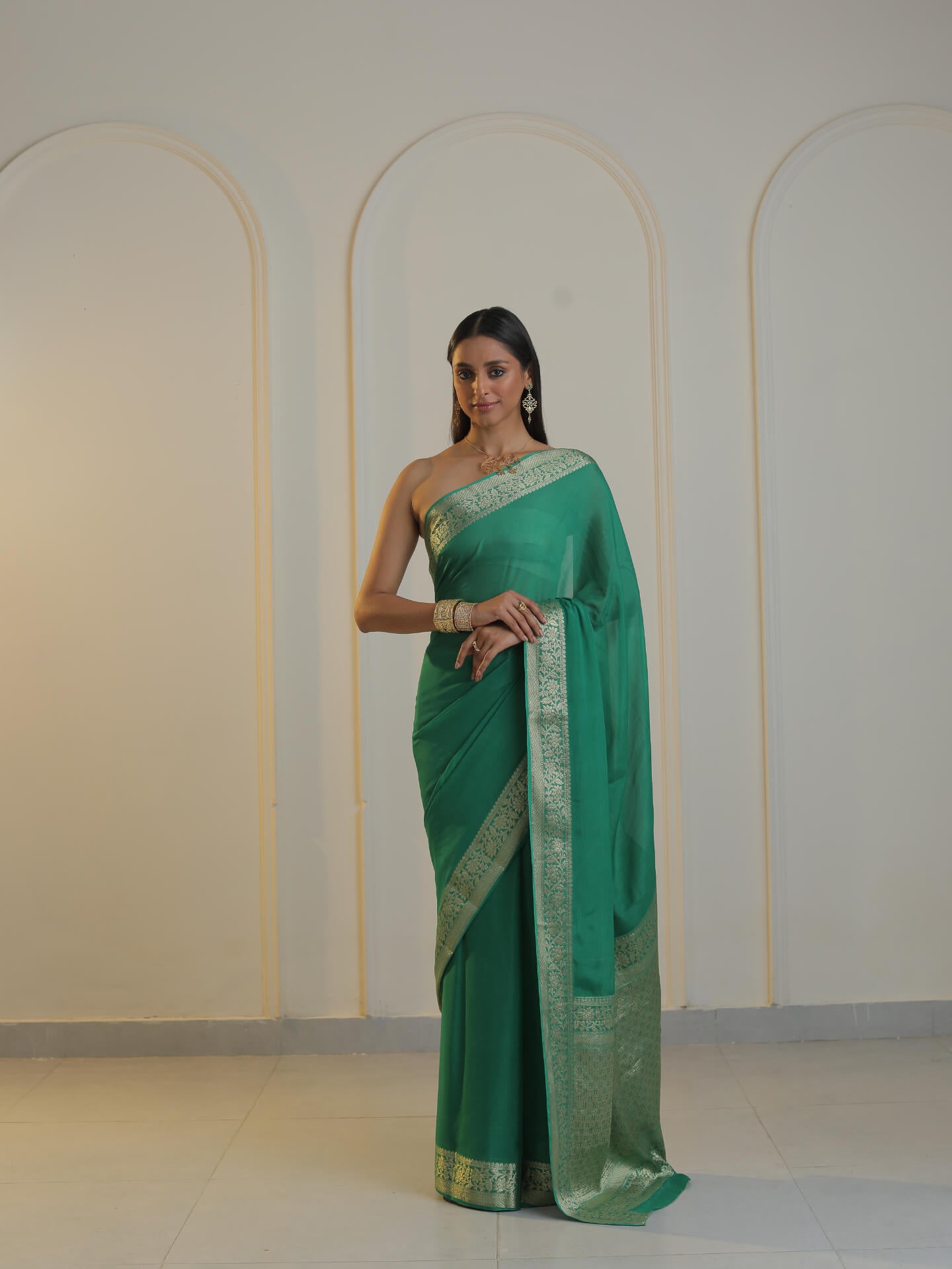BAZM - GREEN CREPE PLAIN SAREE