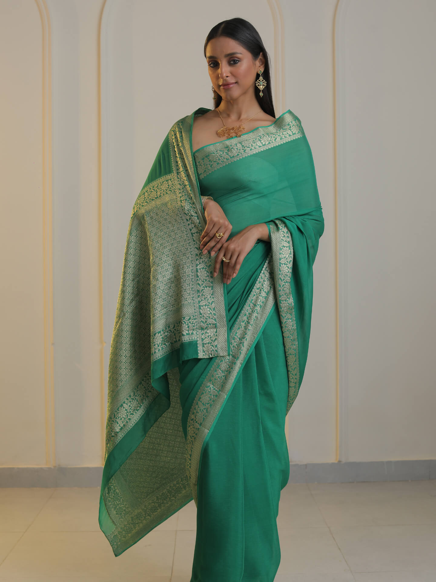 BAZM - GREEN CREPE PLAIN SAREE
