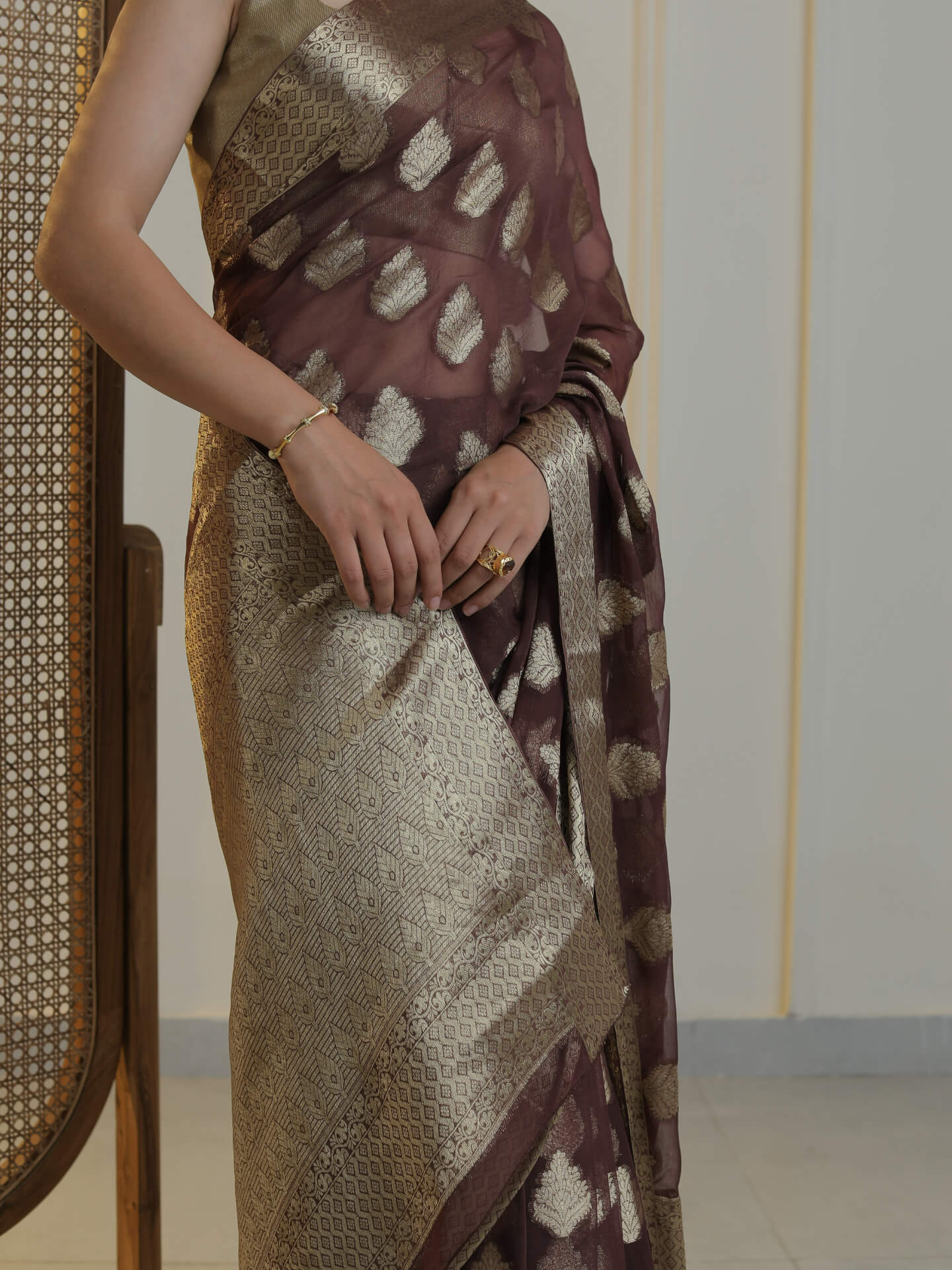 CHINMAYA- DARK BROWN CHIFFON SAREE