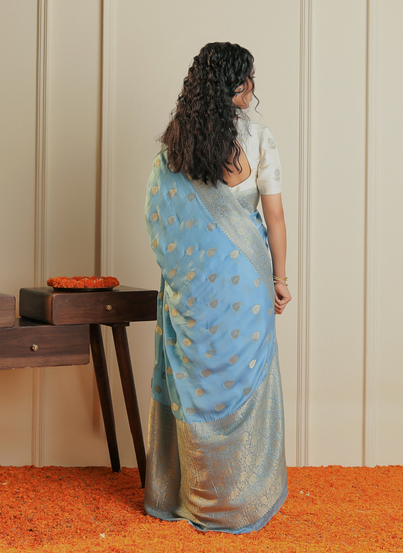 RANGREZ - BLUE SATIN CREPE SAREE