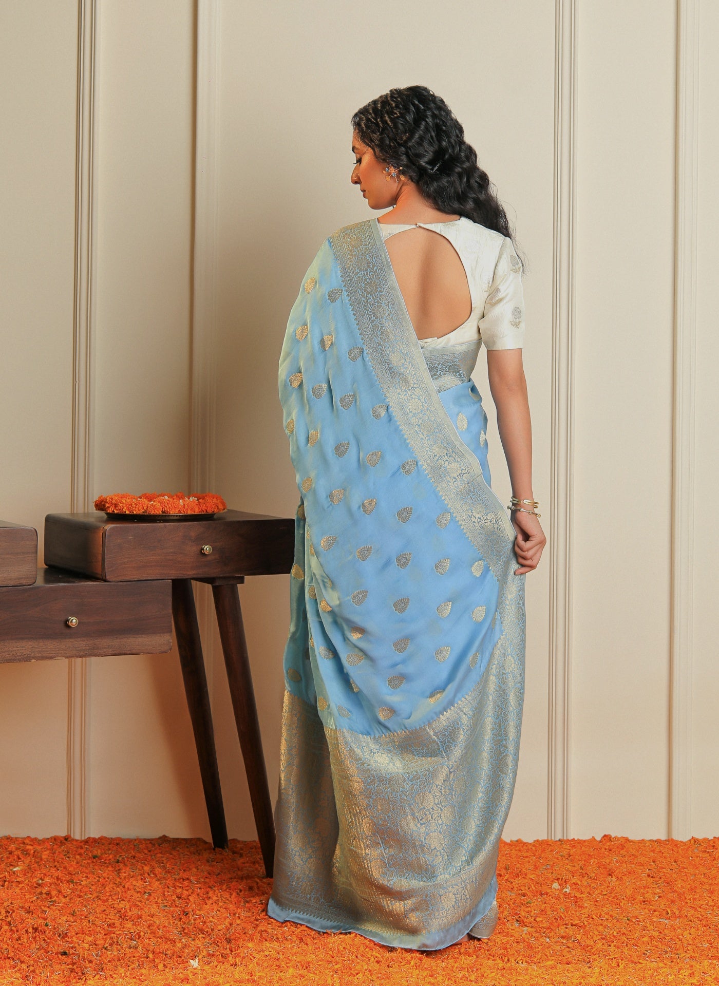 RANGREZ - BLUE SATIN CREPE SAREE