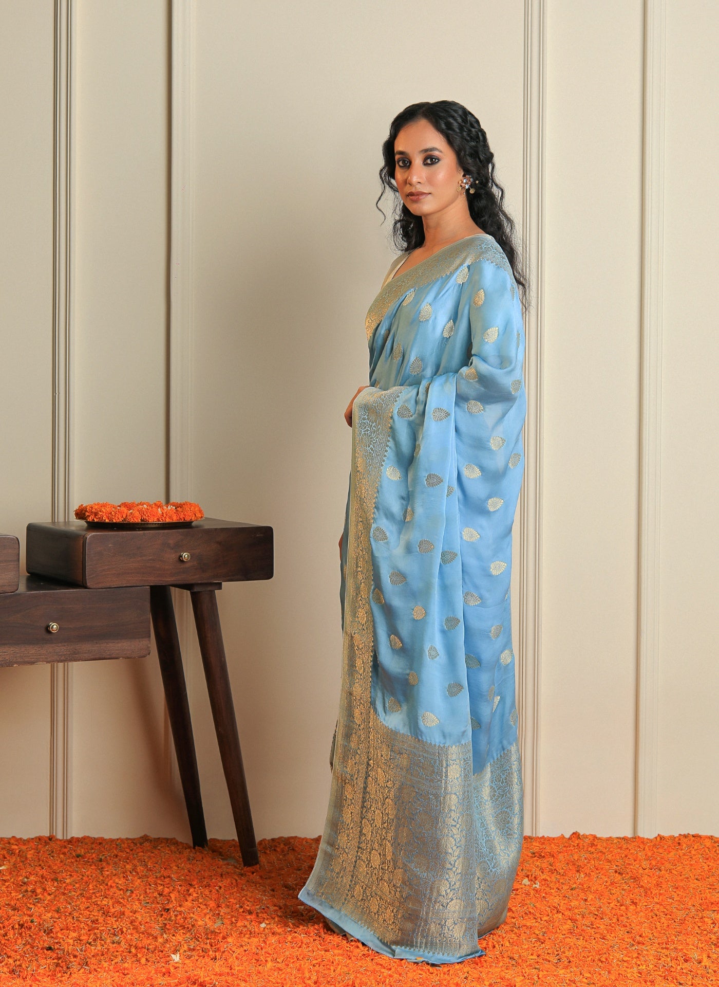RANGREZ - BLUE SATIN CREPE SAREE