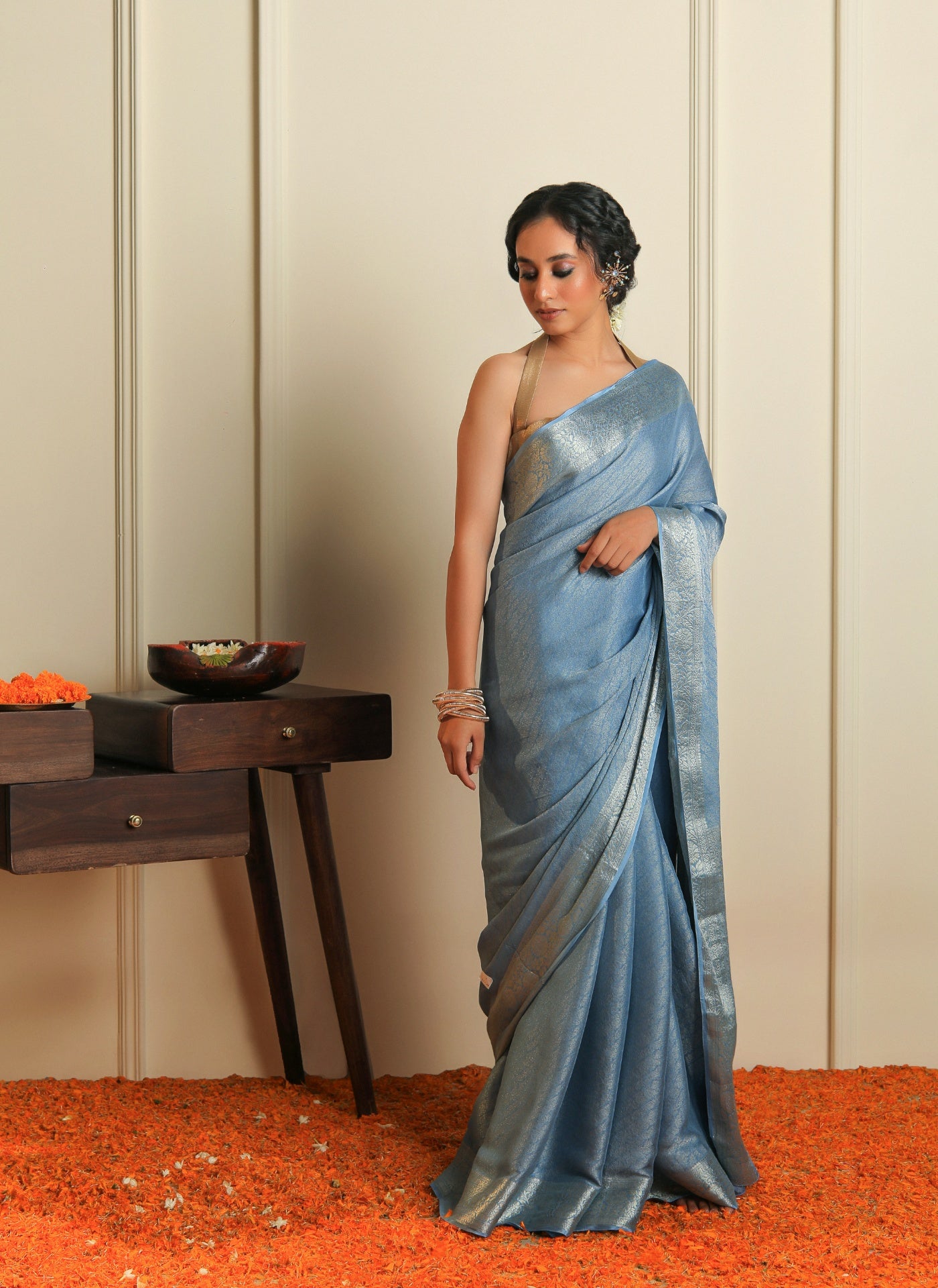 SEHER - BLUE SATIN CREPE SAREE
