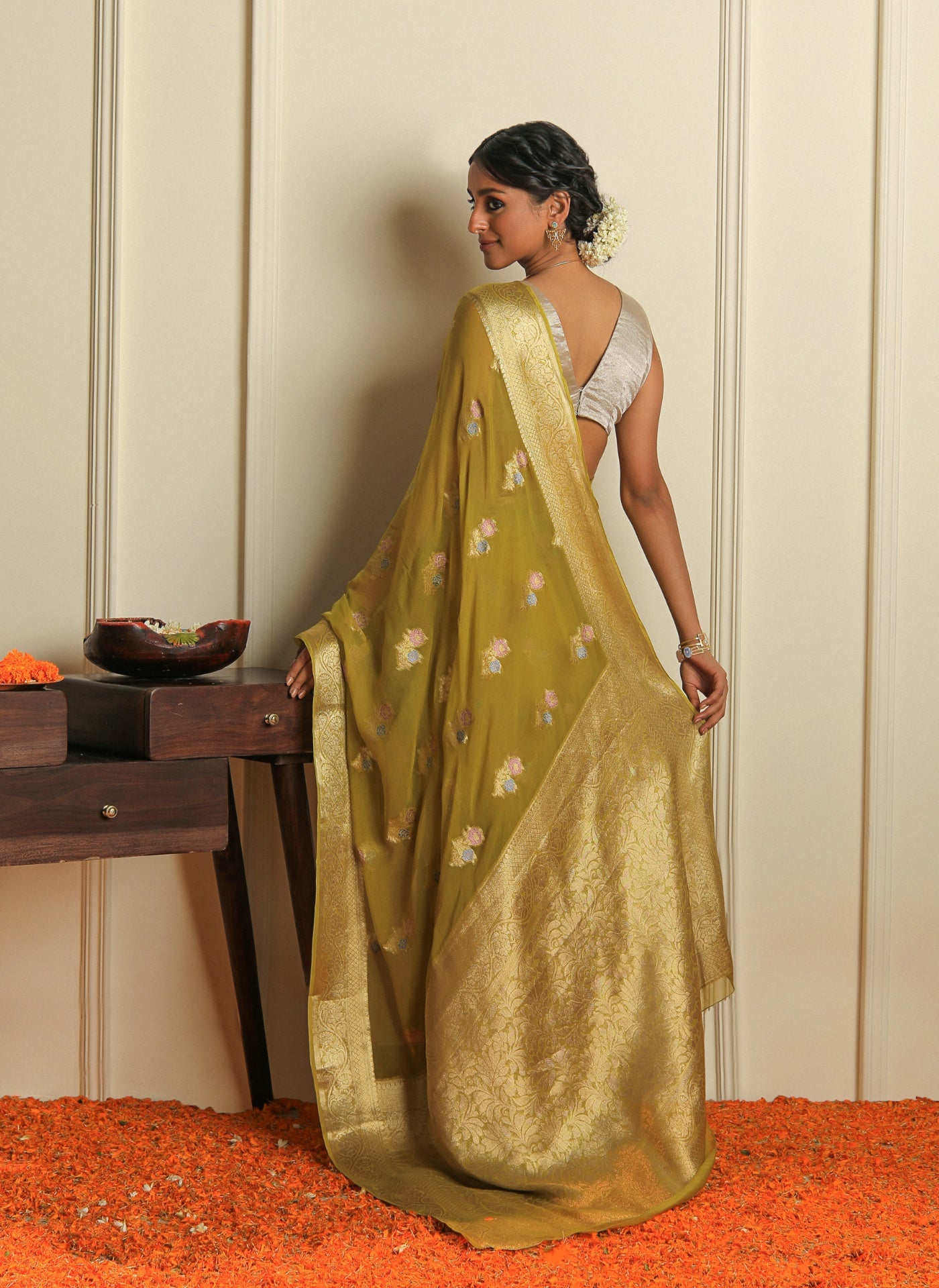 GULZAR - OLIVE GREEN CHIFFON SAREE