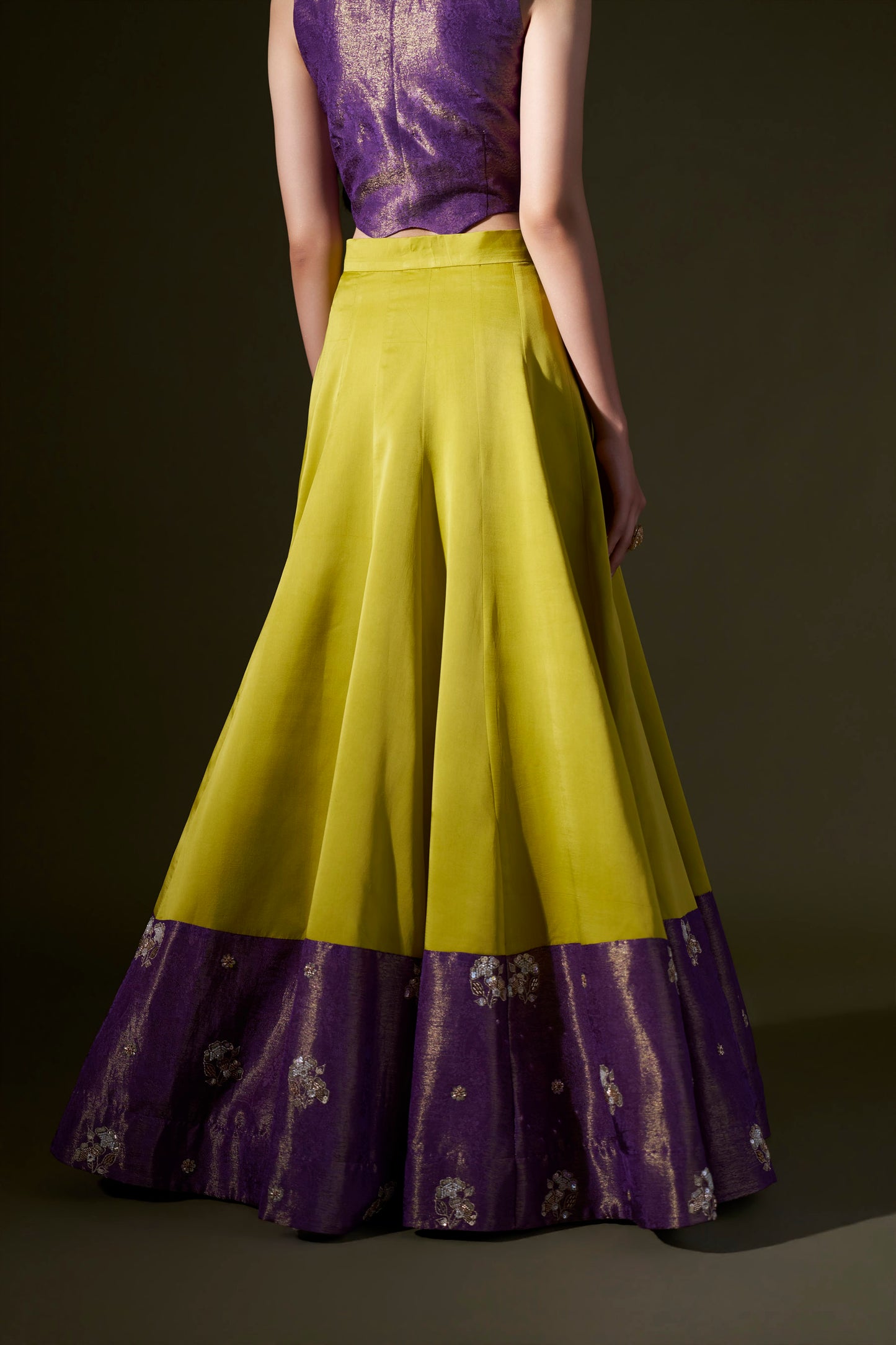 Purple And Lime Green Lehenga With Crop Top