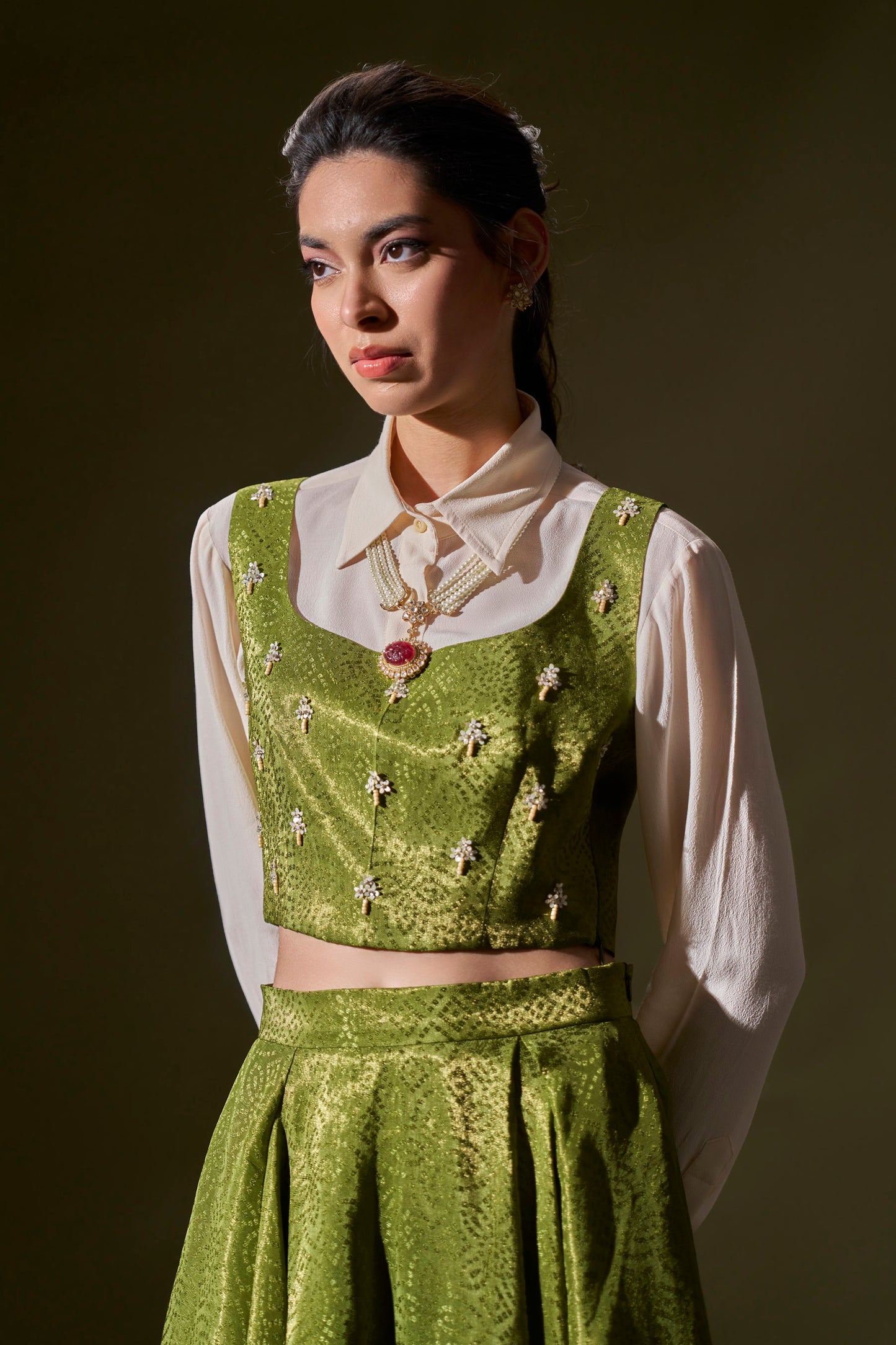 Parrot Green Crop Top With Skirt