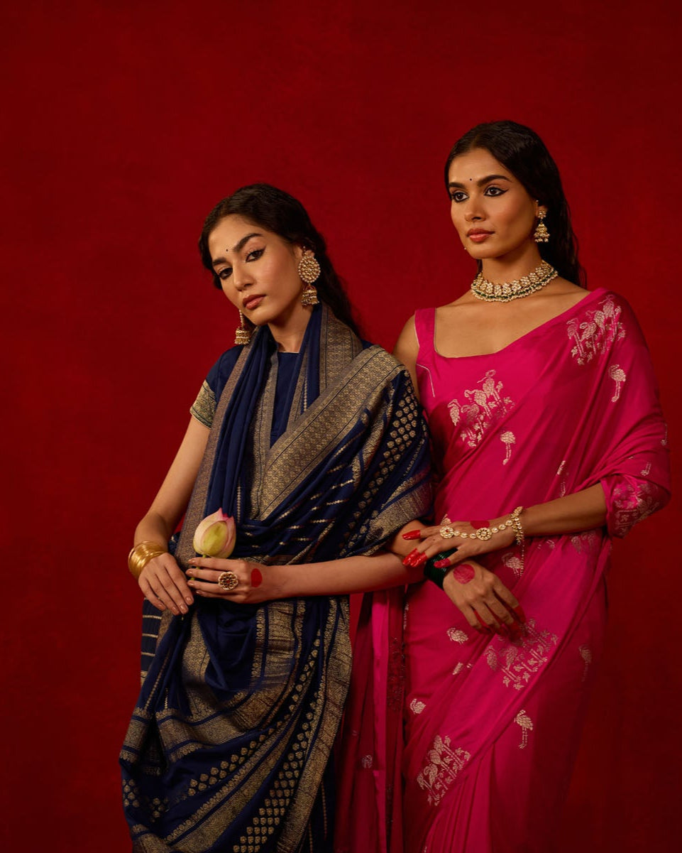 Hot Pink Saree with Satin Border and Golden Bird Motifs