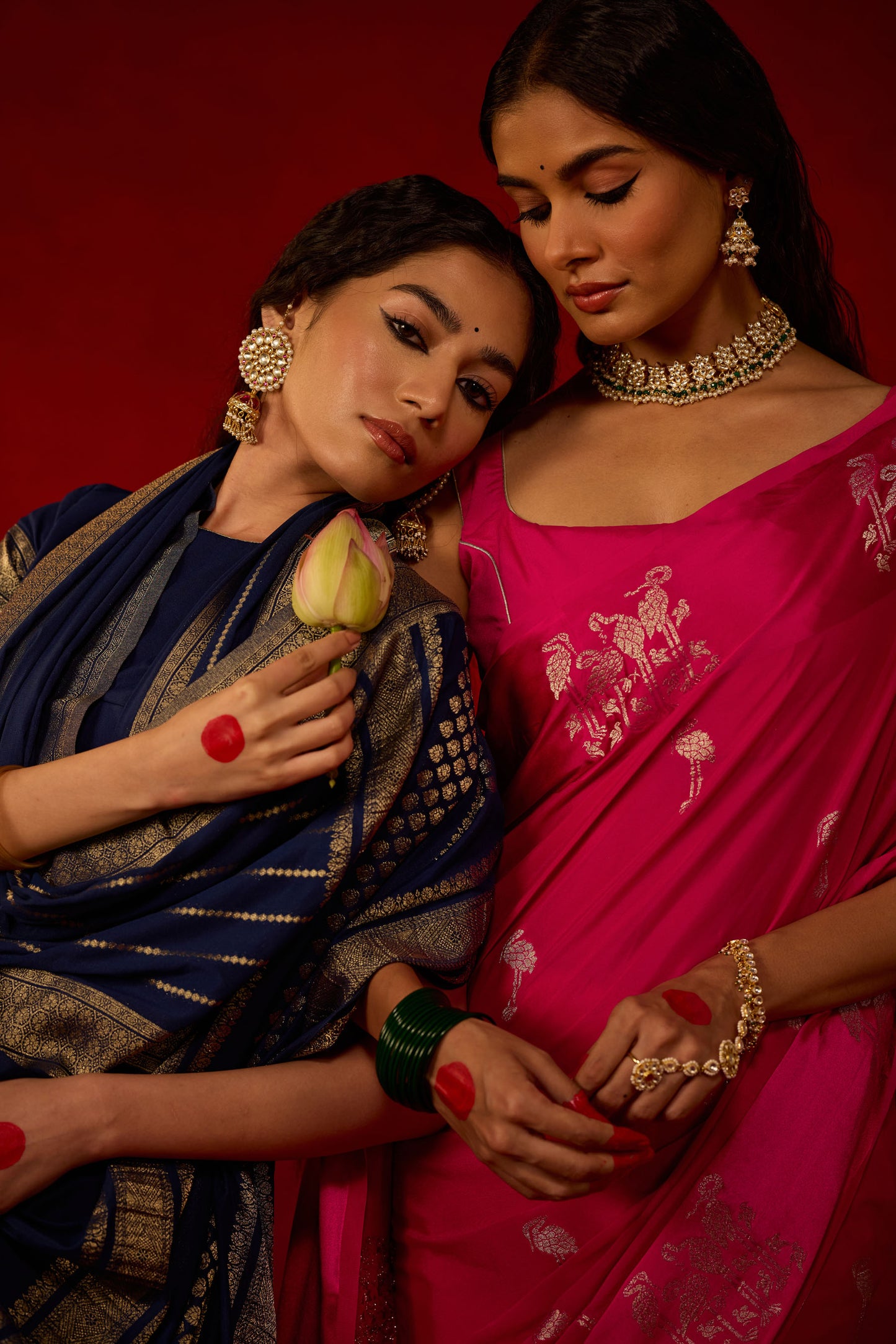 Hot Pink Saree with Satin Border and Golden Bird Motifs