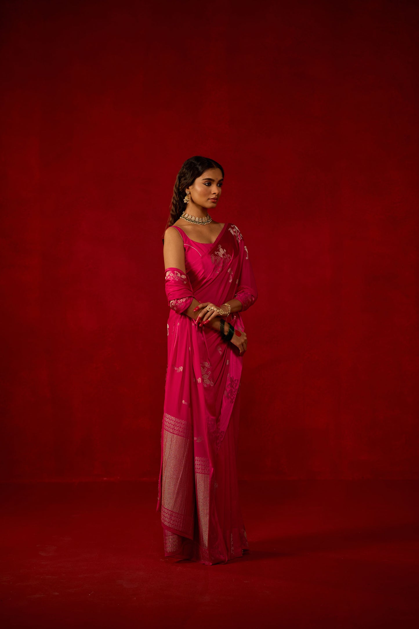 Hot Pink Saree with Satin Border and Golden Bird Motifs