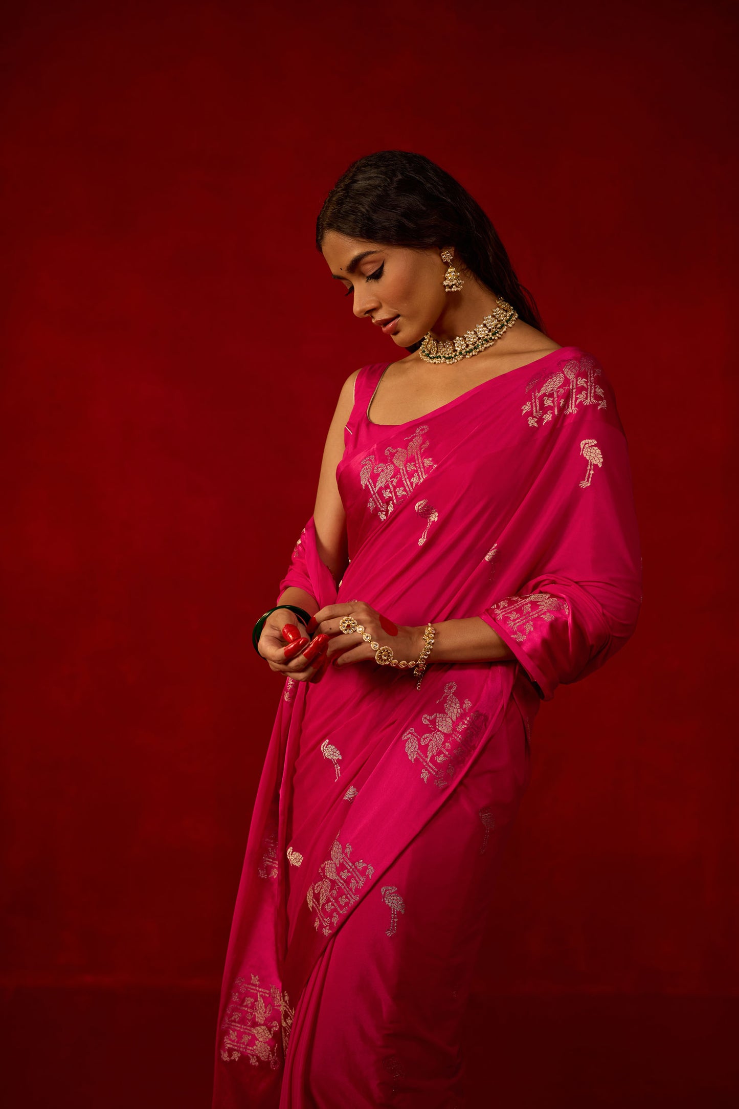 Hot Pink Saree with Satin Border and Golden Bird Motifs