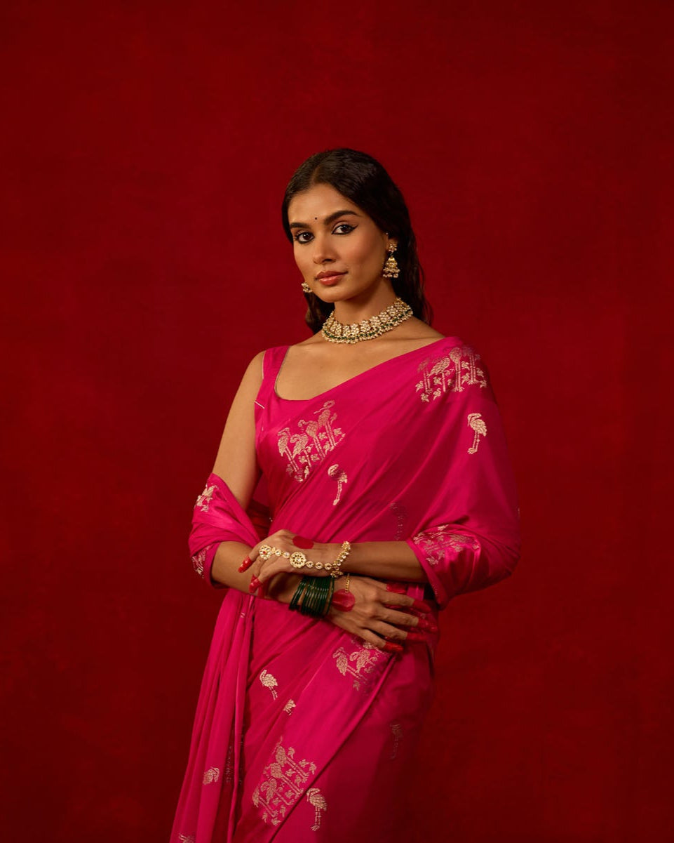 Hot Pink Saree with Satin Border and Golden Bird Motifs