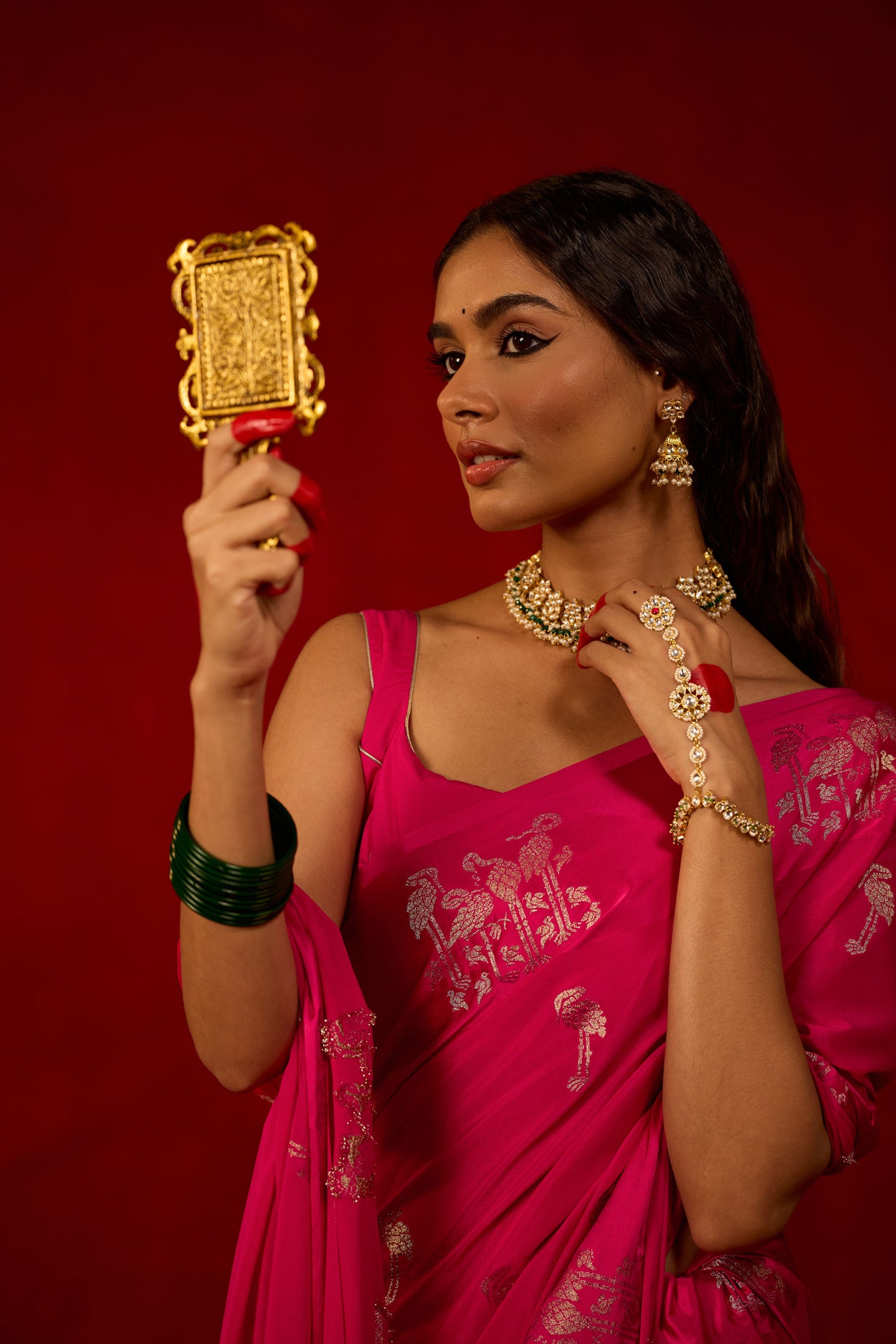Hot Pink Saree with Satin Border and Golden Bird Motifs