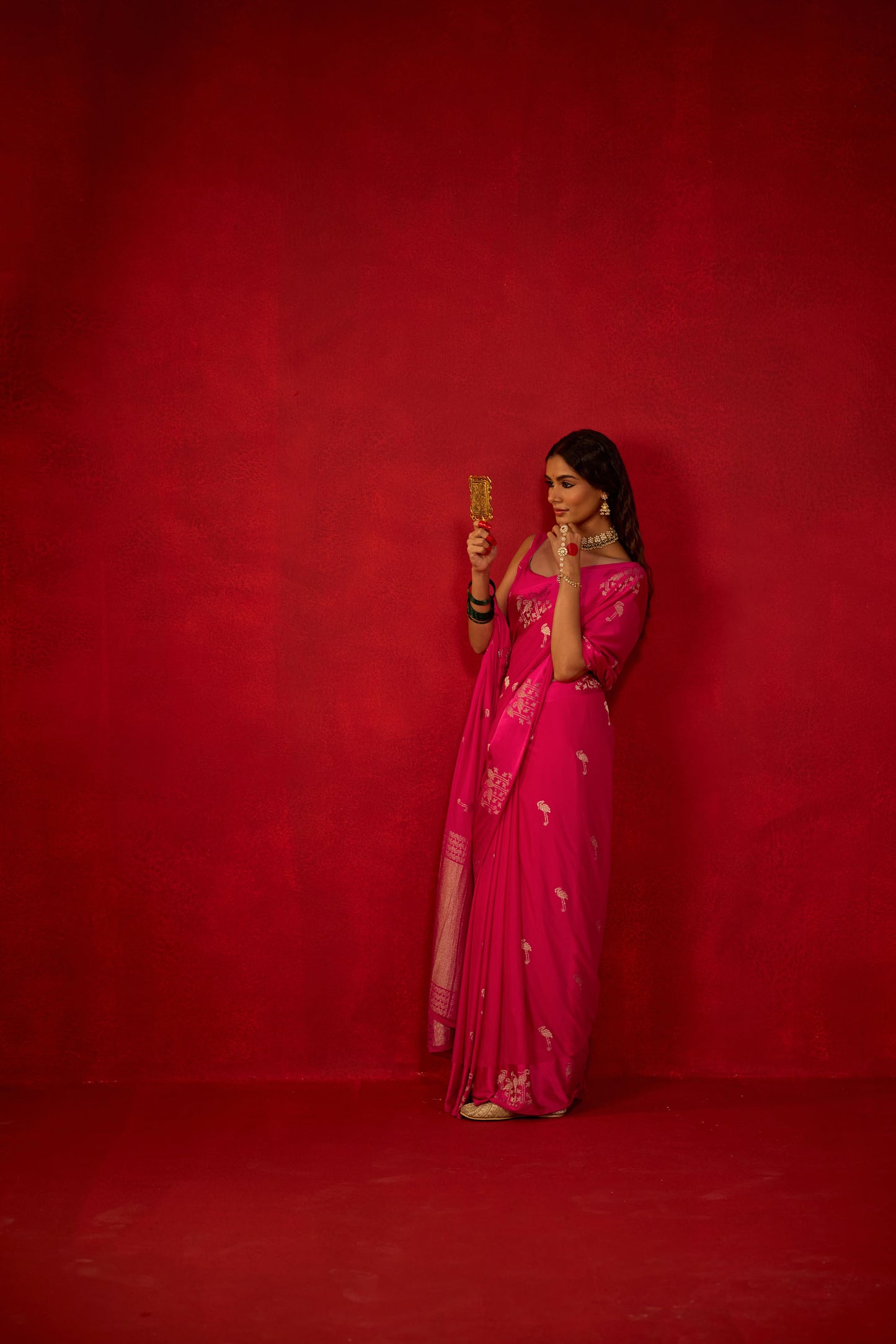 Hot Pink Saree with Satin Border and Golden Bird Motifs