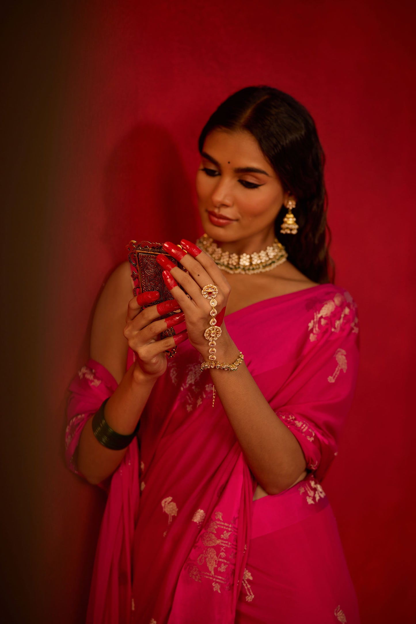 Hot Pink Saree with Satin Border and Golden Bird Motifs