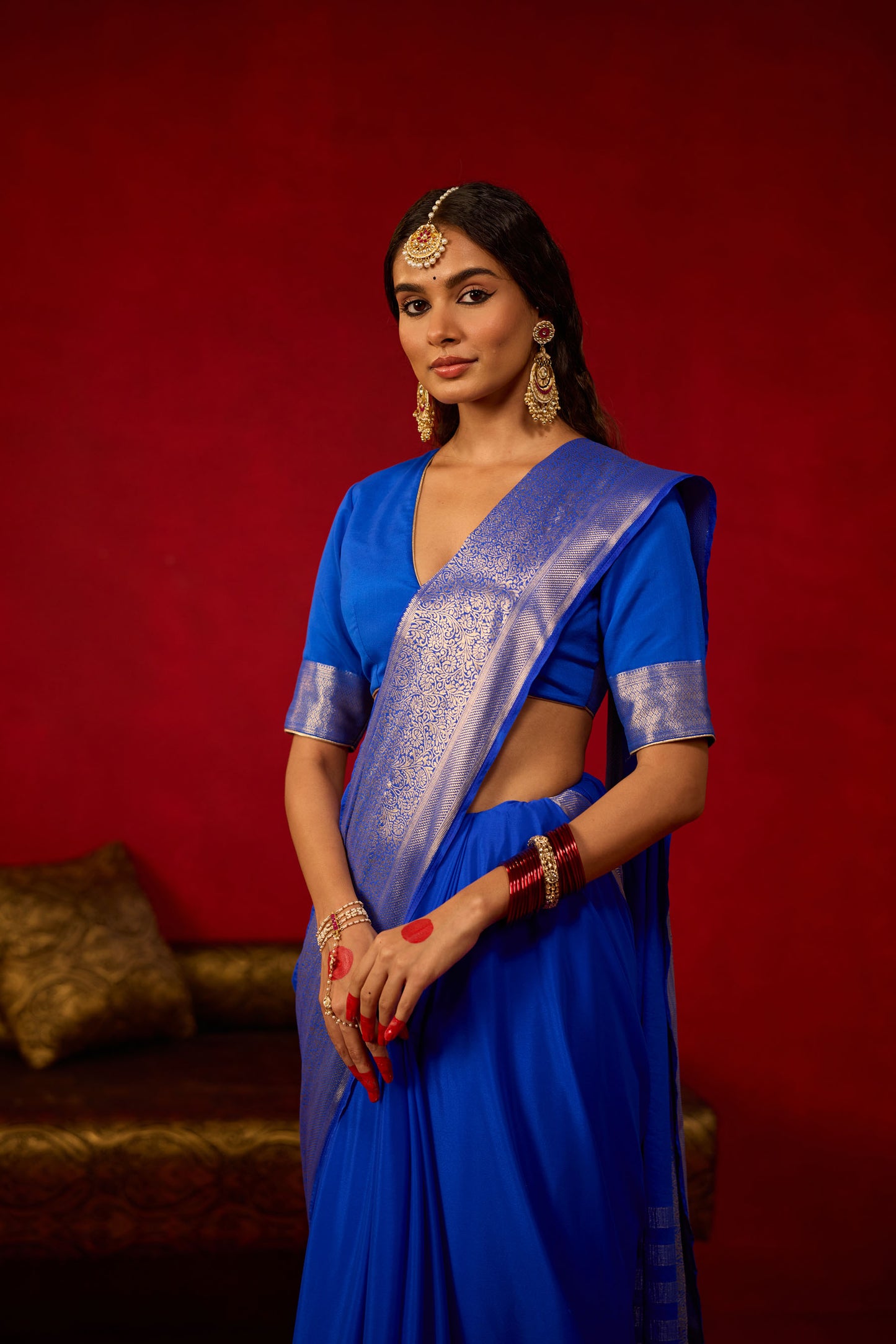 Royal Blue Viscose Saree with Silver Zari Floral Border