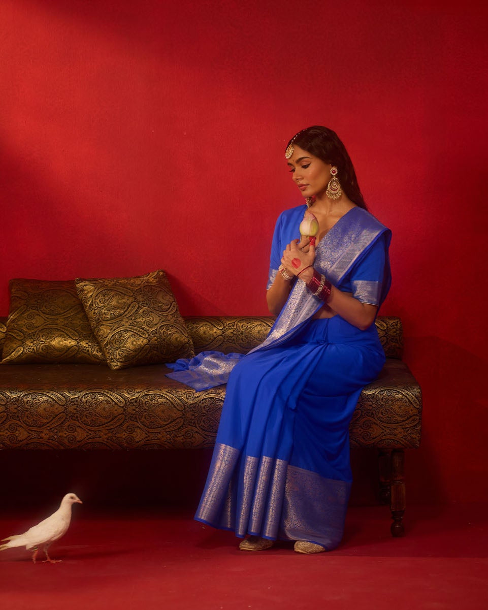 Royal Blue Viscose Saree with Silver Zari Floral Border