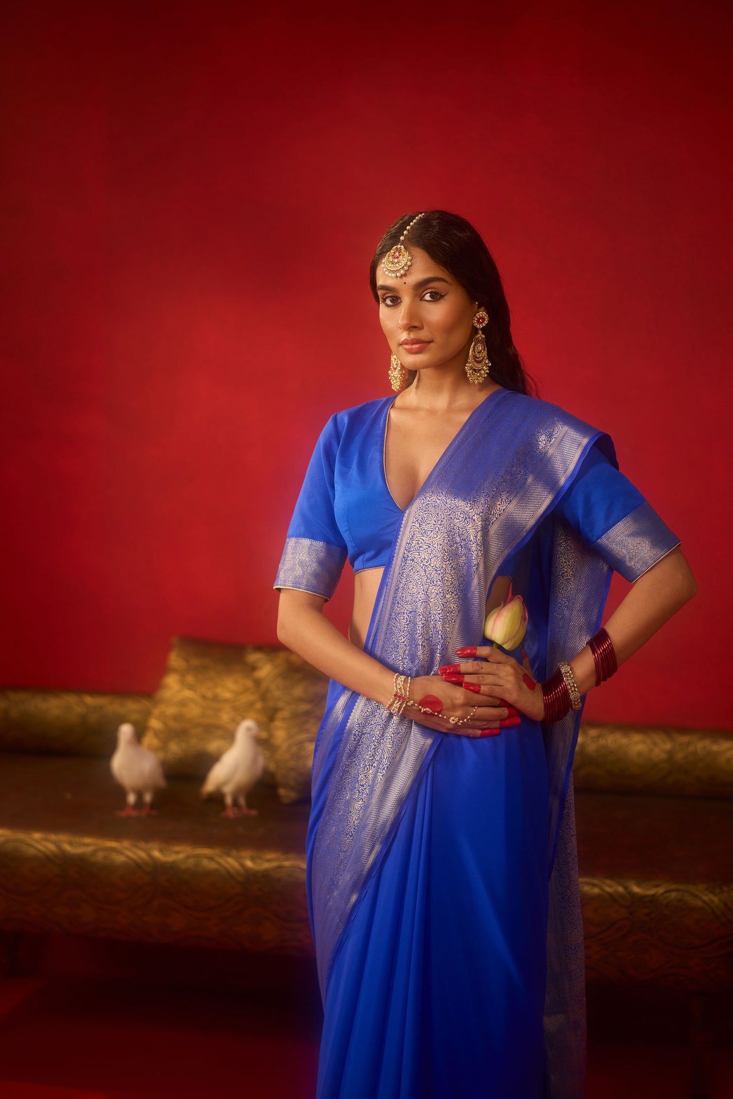 Royal Blue Viscose Saree with Silver Zari Floral Border