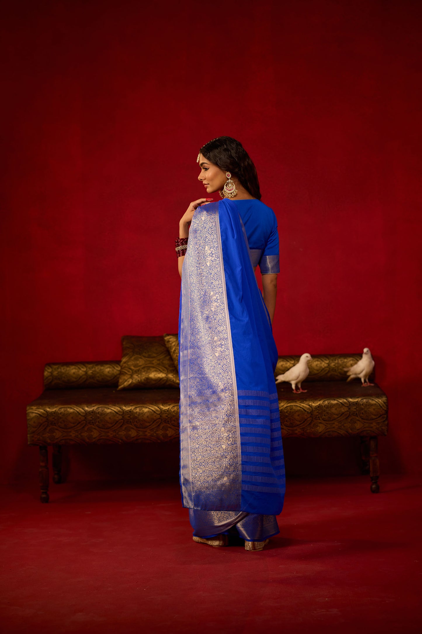 Royal Blue Viscose Saree with Silver Zari Floral Border