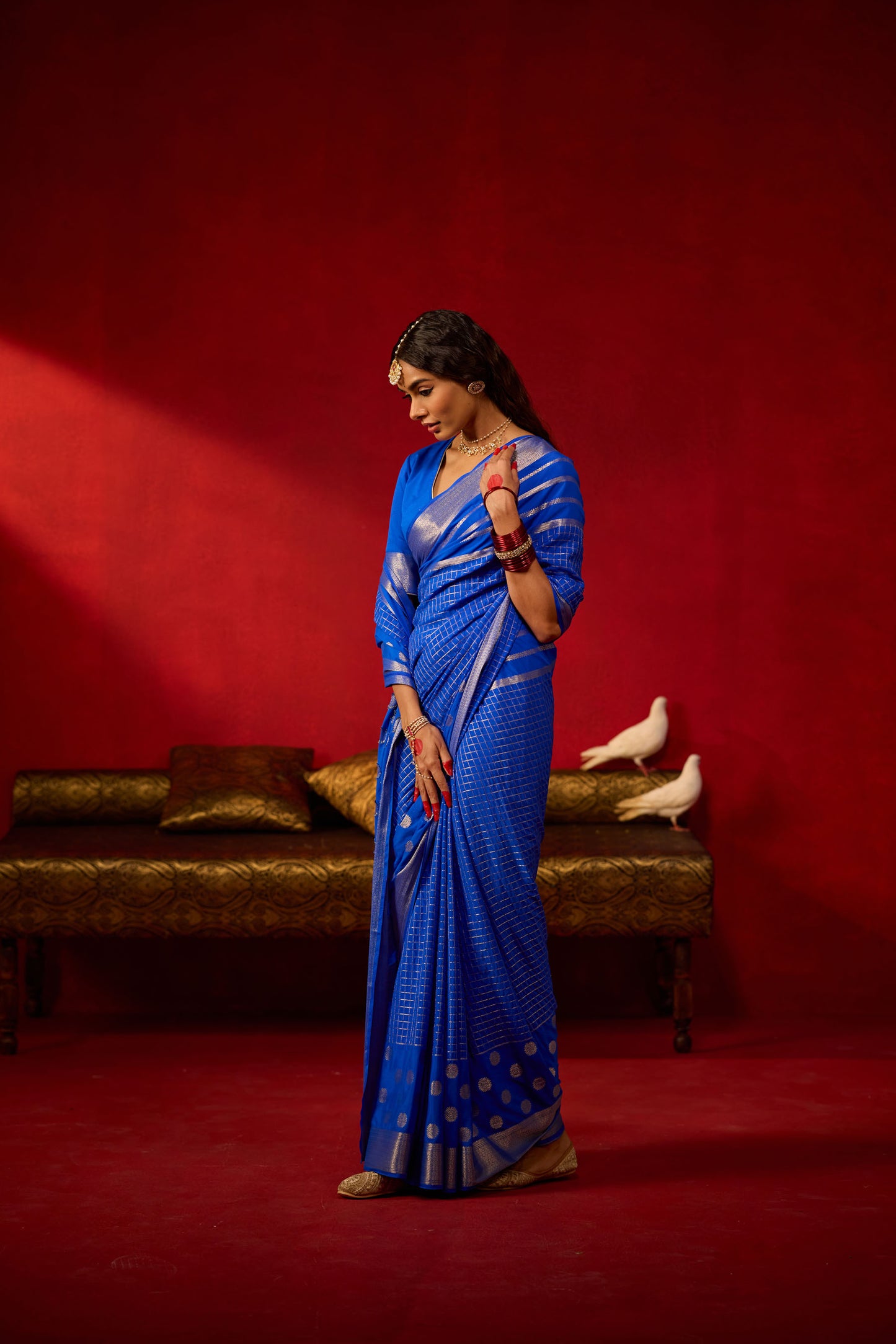 Royal Blue Viscose Saree with Silver Zari Buttas & Checks
