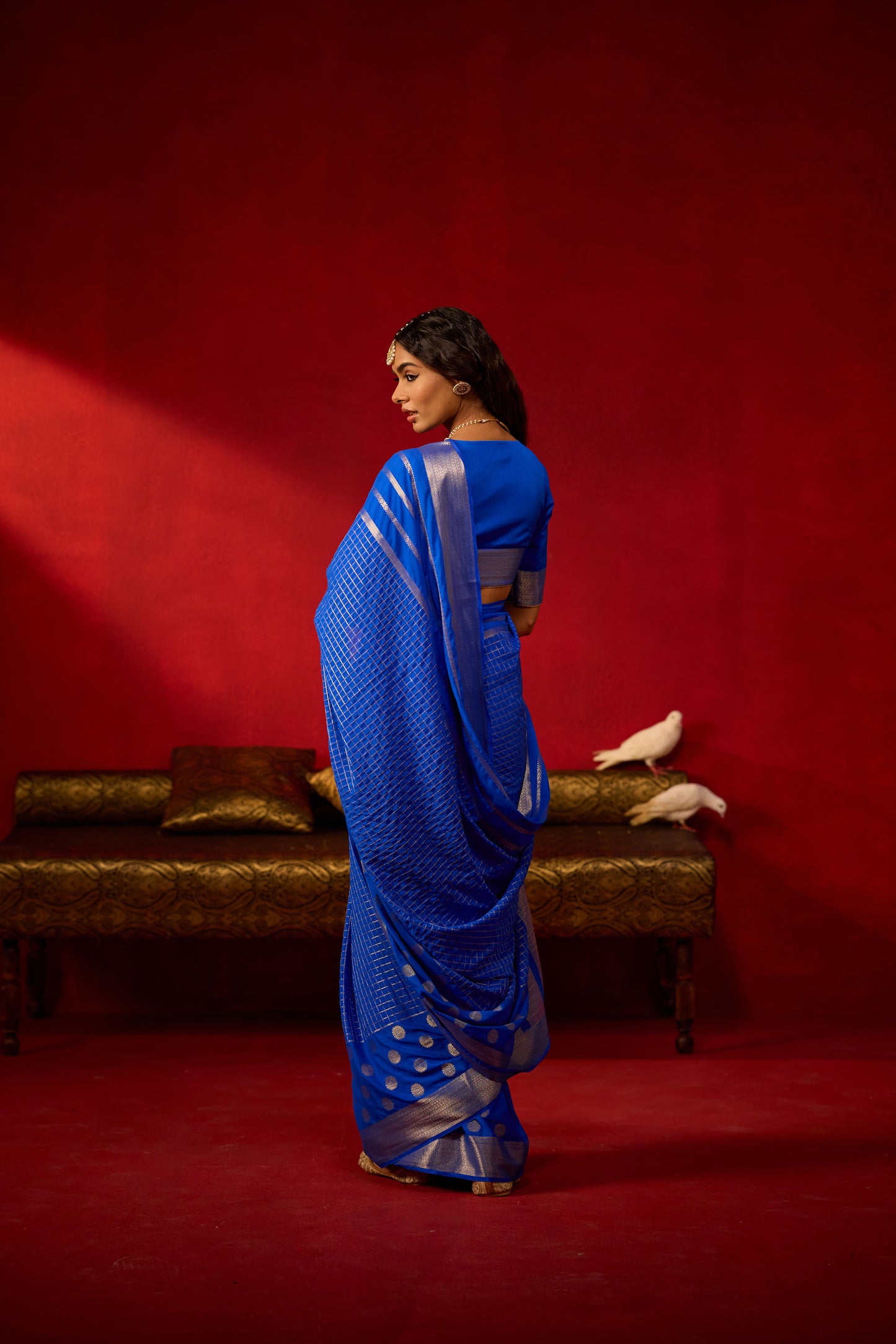 Royal Blue Viscose Saree with Silver Zari Buttas & Checks