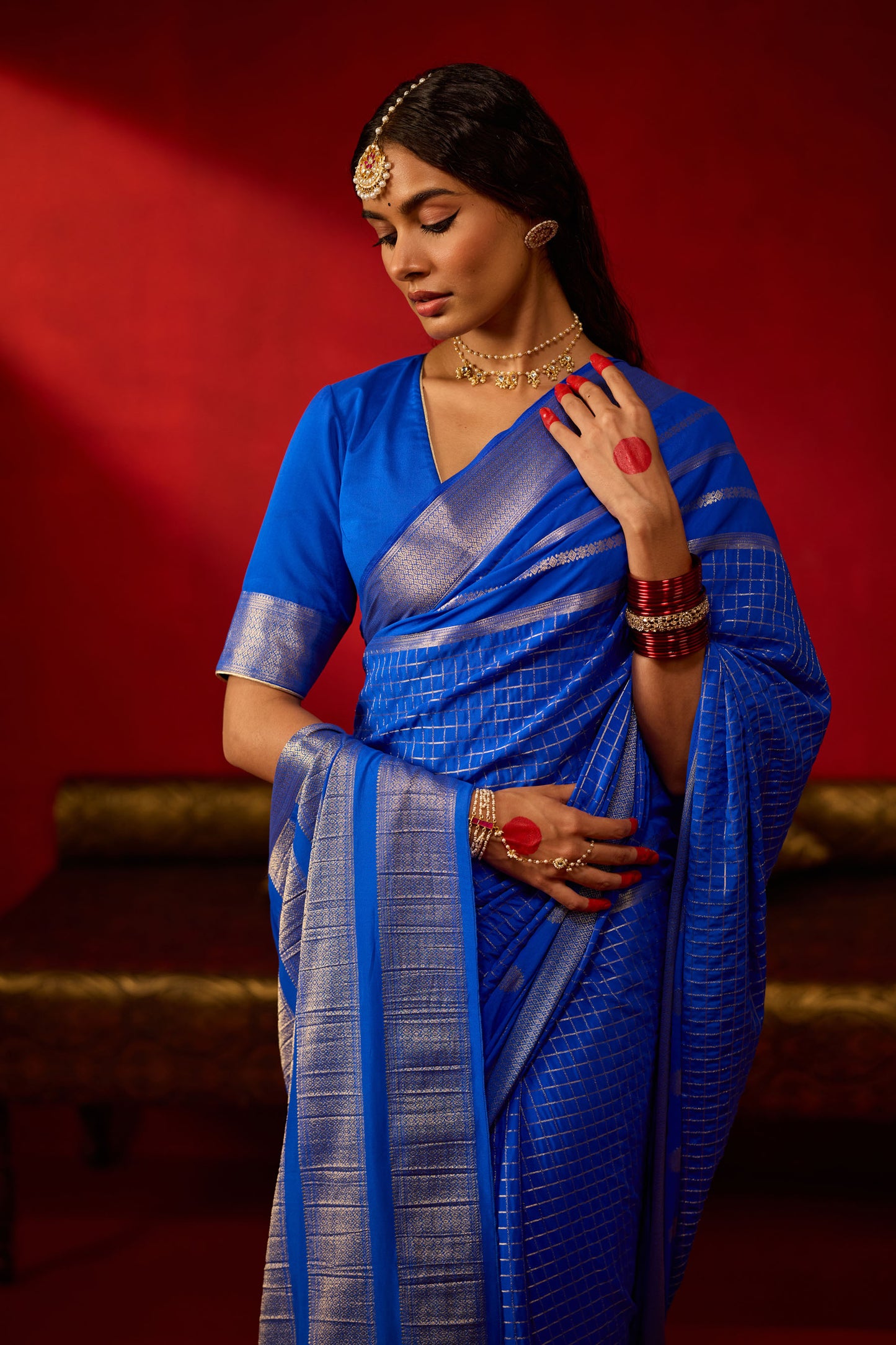 Royal Blue Viscose Saree with Silver Zari Buttas & Checks