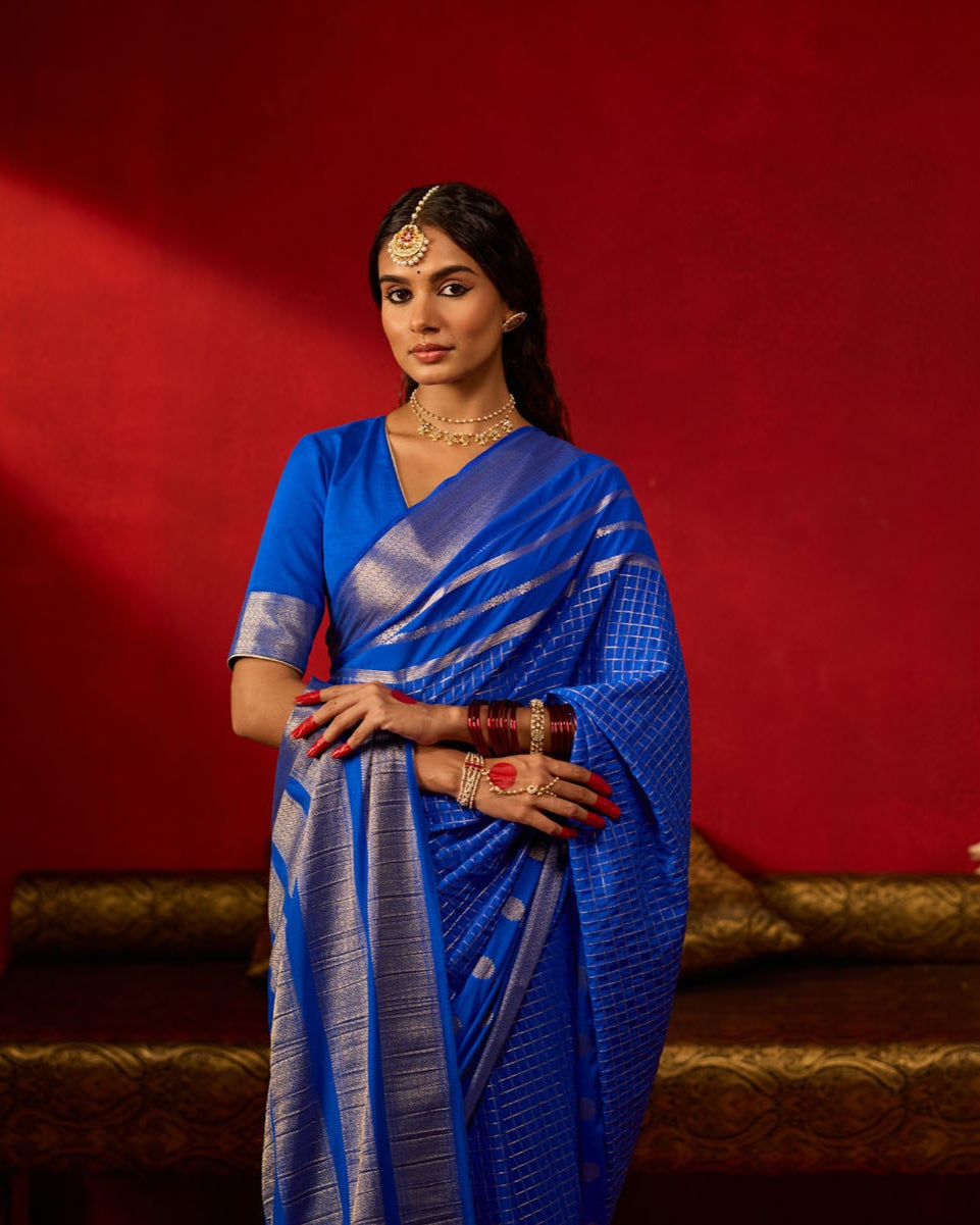 Royal Blue Viscose Saree with Silver Zari Buttas & Checks