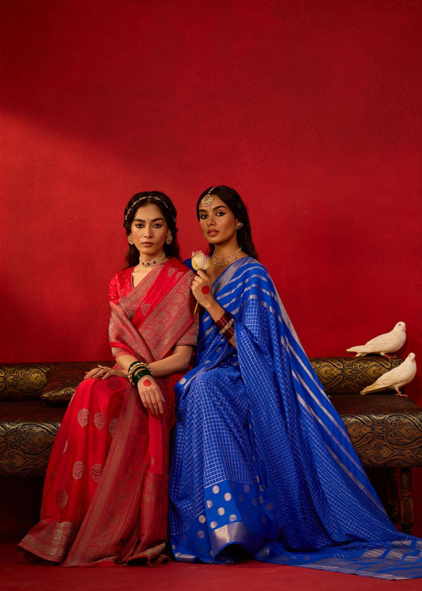 Royal Blue Viscose Saree with Silver Zari Buttas & Checks