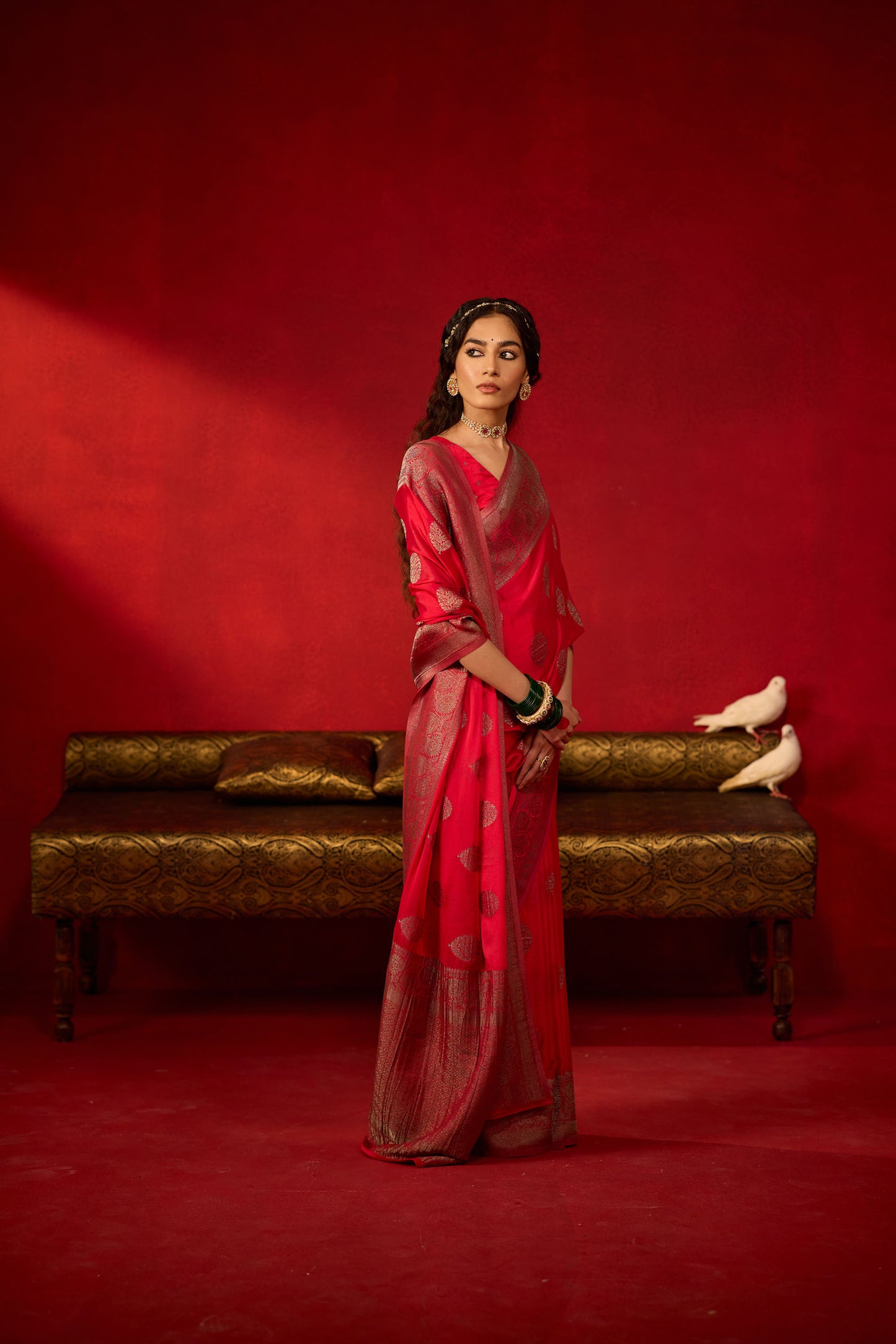 Rani Pink Viscose Saree with Copper Zari Buttas and Border