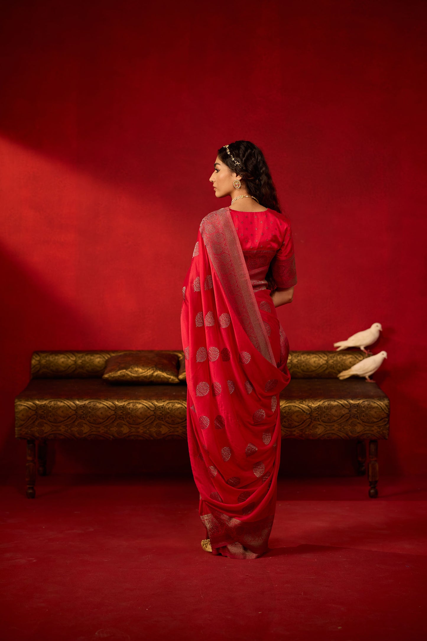 Rani Pink Viscose Saree with Copper Zari Buttas and Border