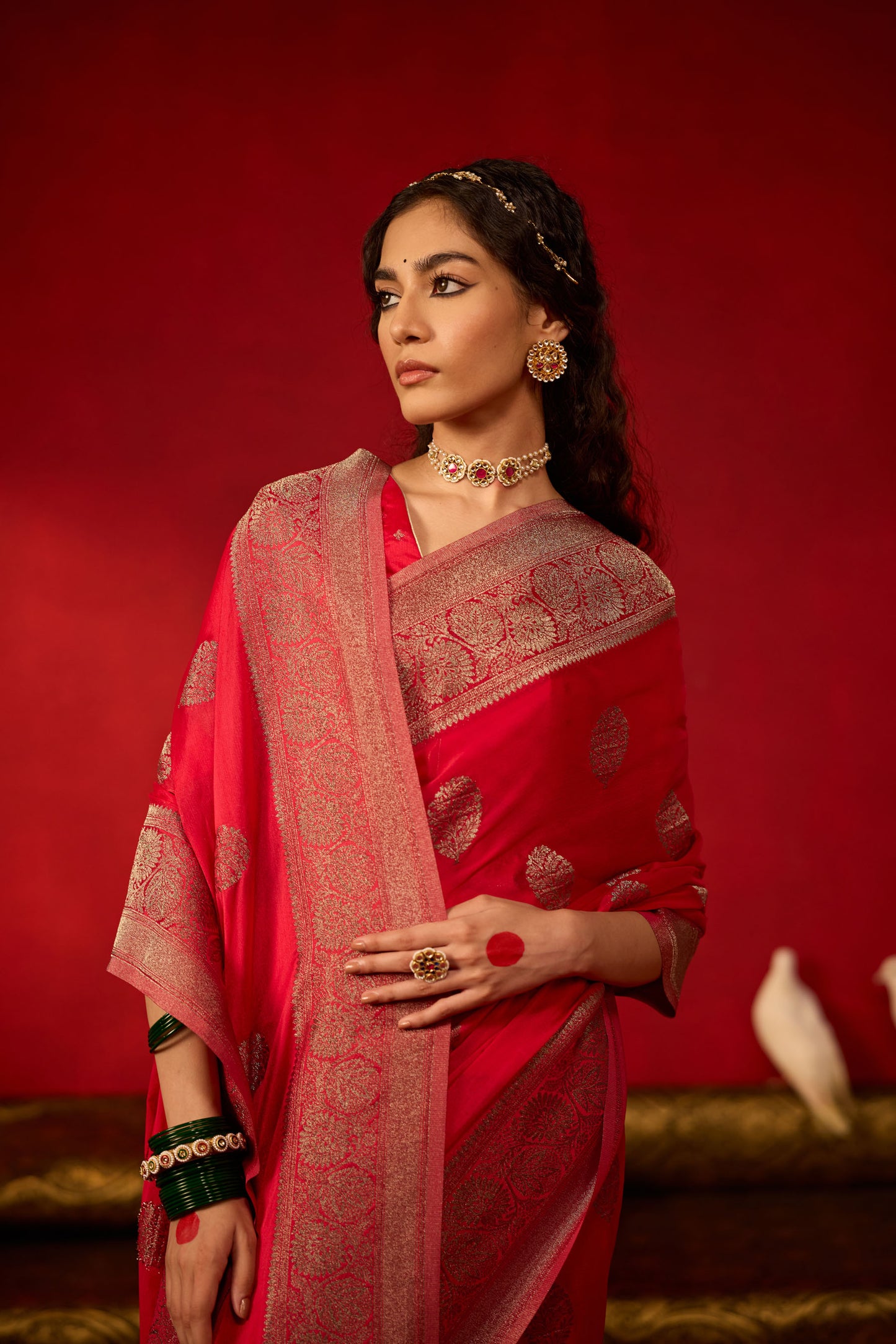 Rani Pink Viscose Saree with Copper Zari Buttas and Border