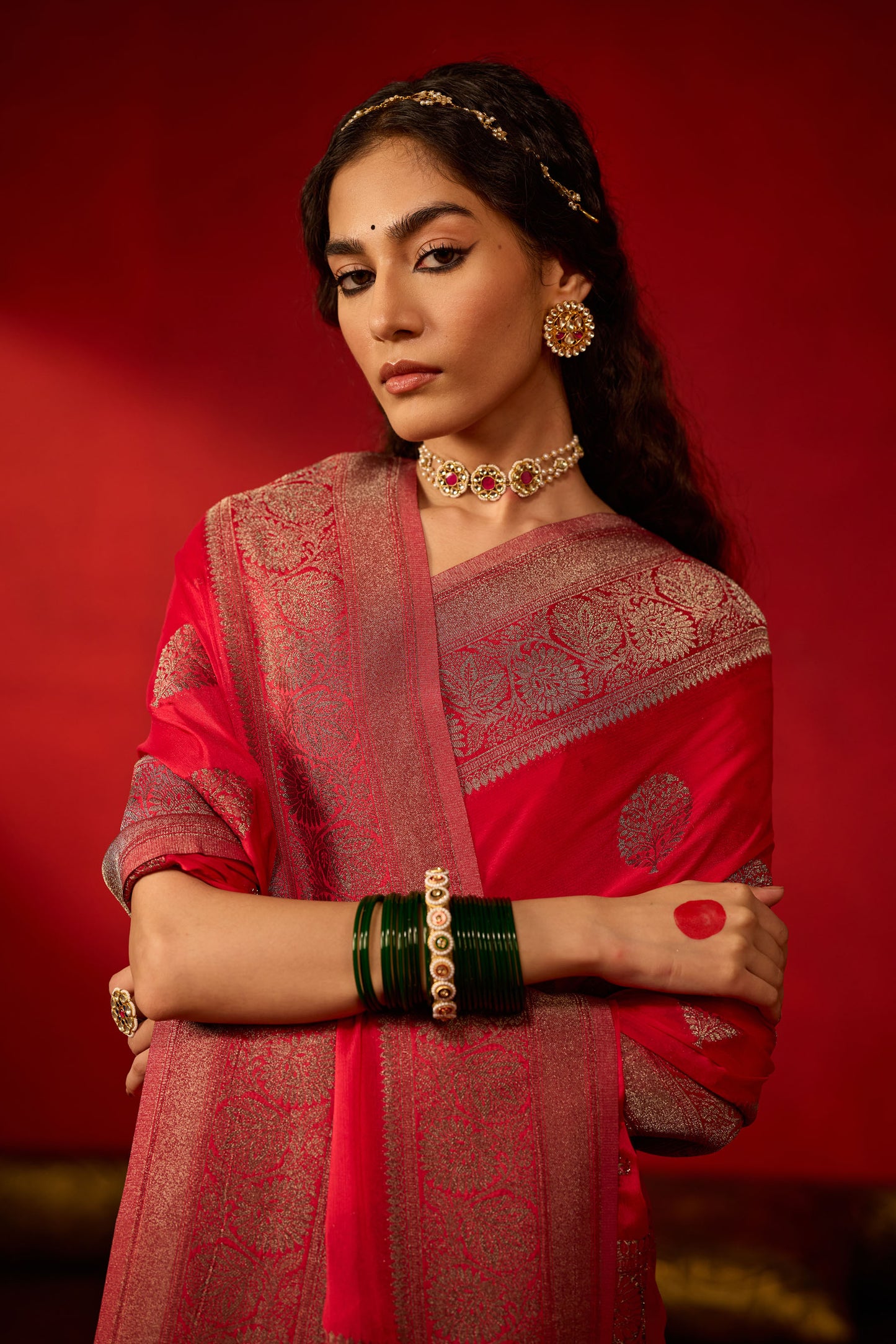 Rani Pink Viscose Saree with Copper Zari Buttas and Border