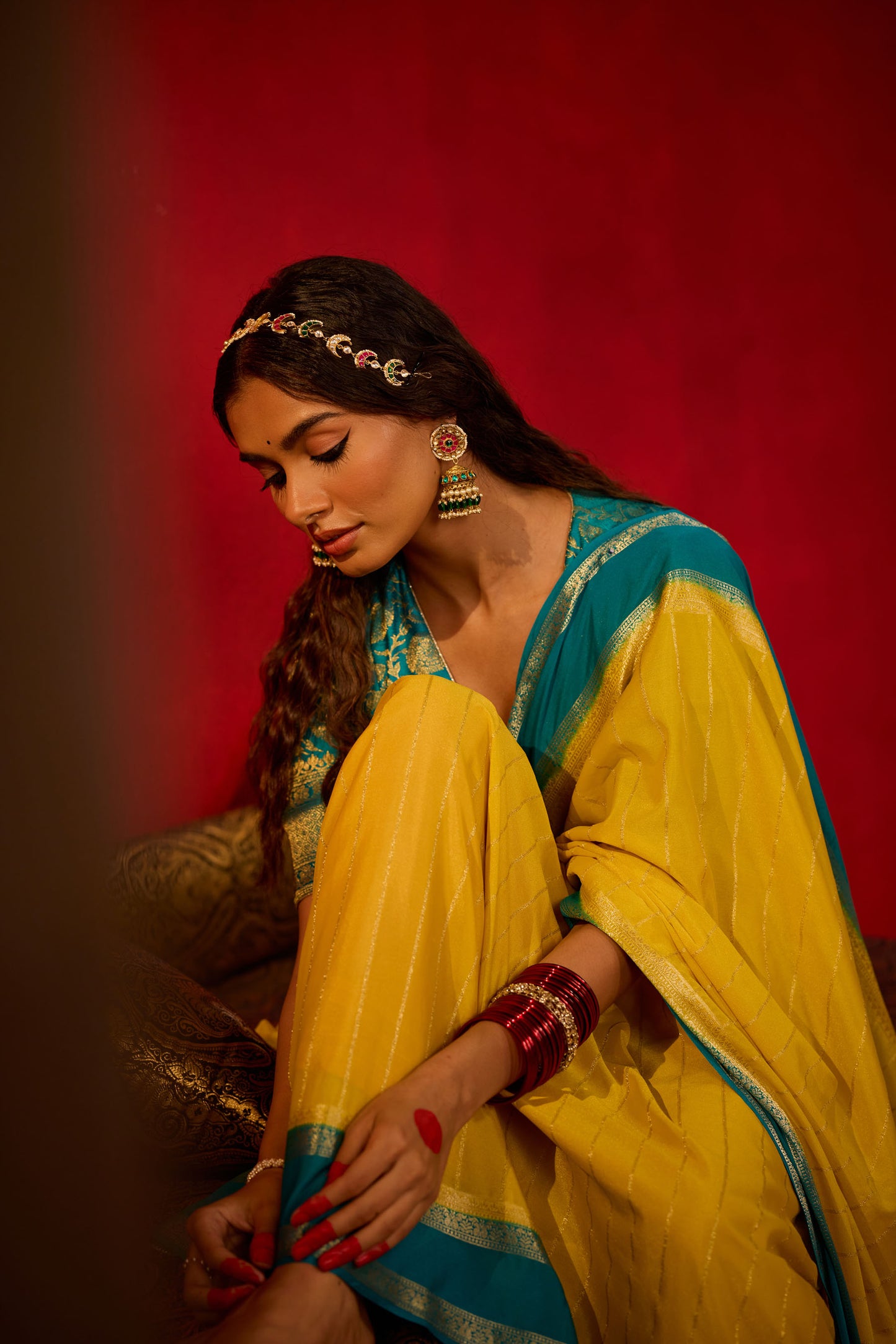 Lemon Yellow & Teal Blue Viscose Saree with Silver Zari Stripes and Border