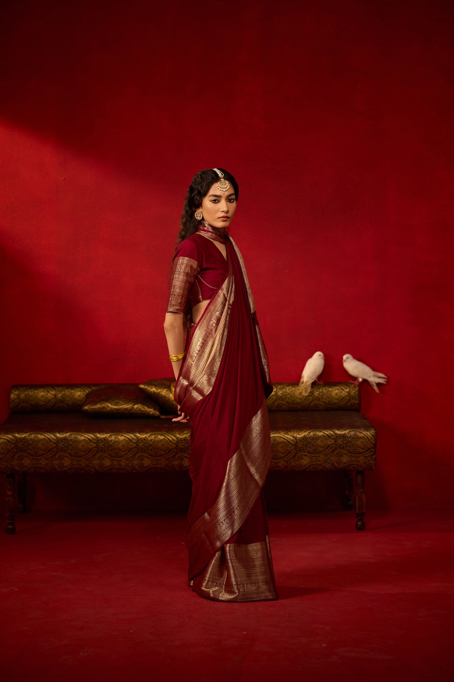 Maroon Viscose Saree with Antique Gold Zari Border
