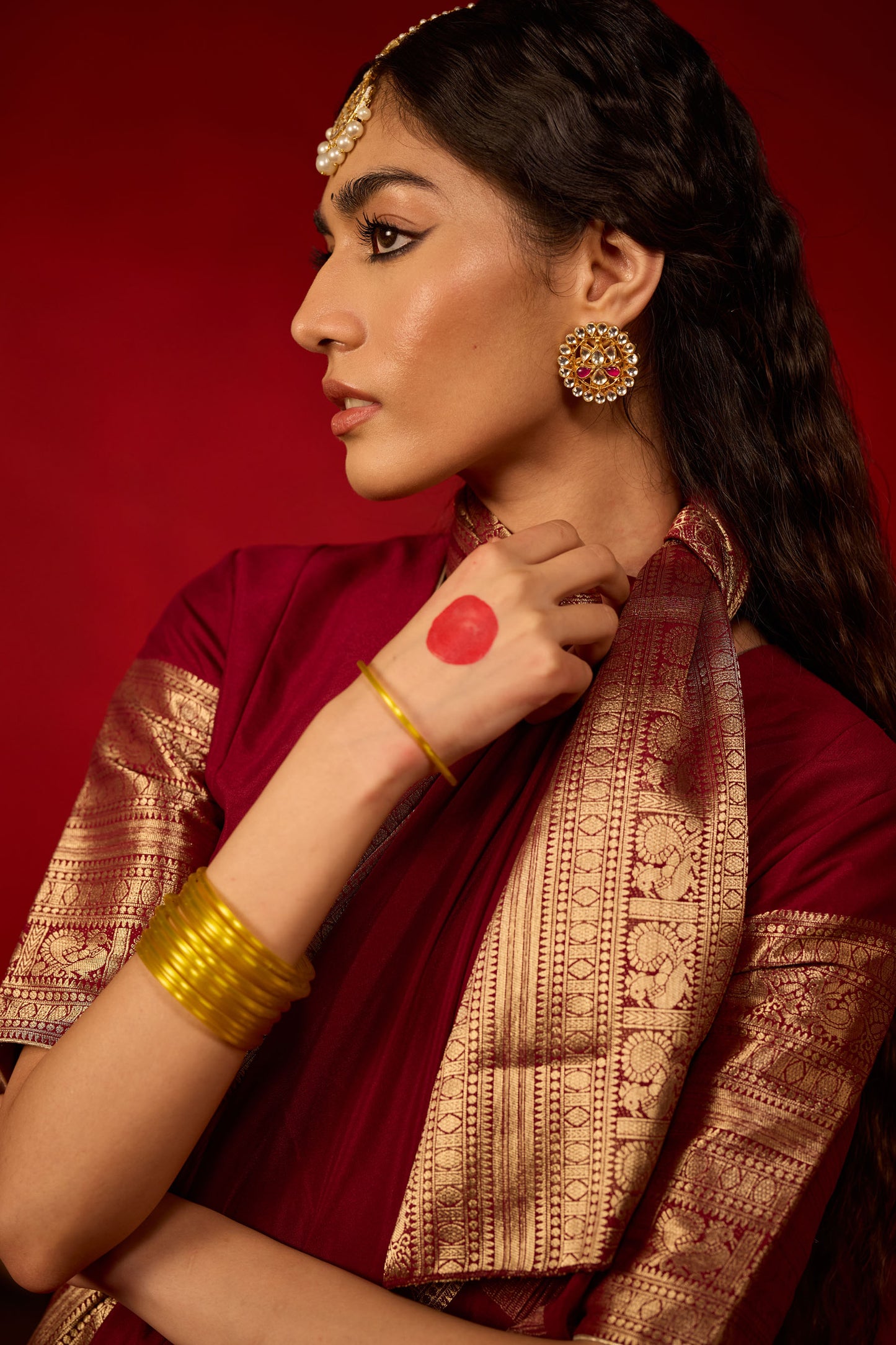 Maroon Viscose Saree with Antique Gold Zari Border