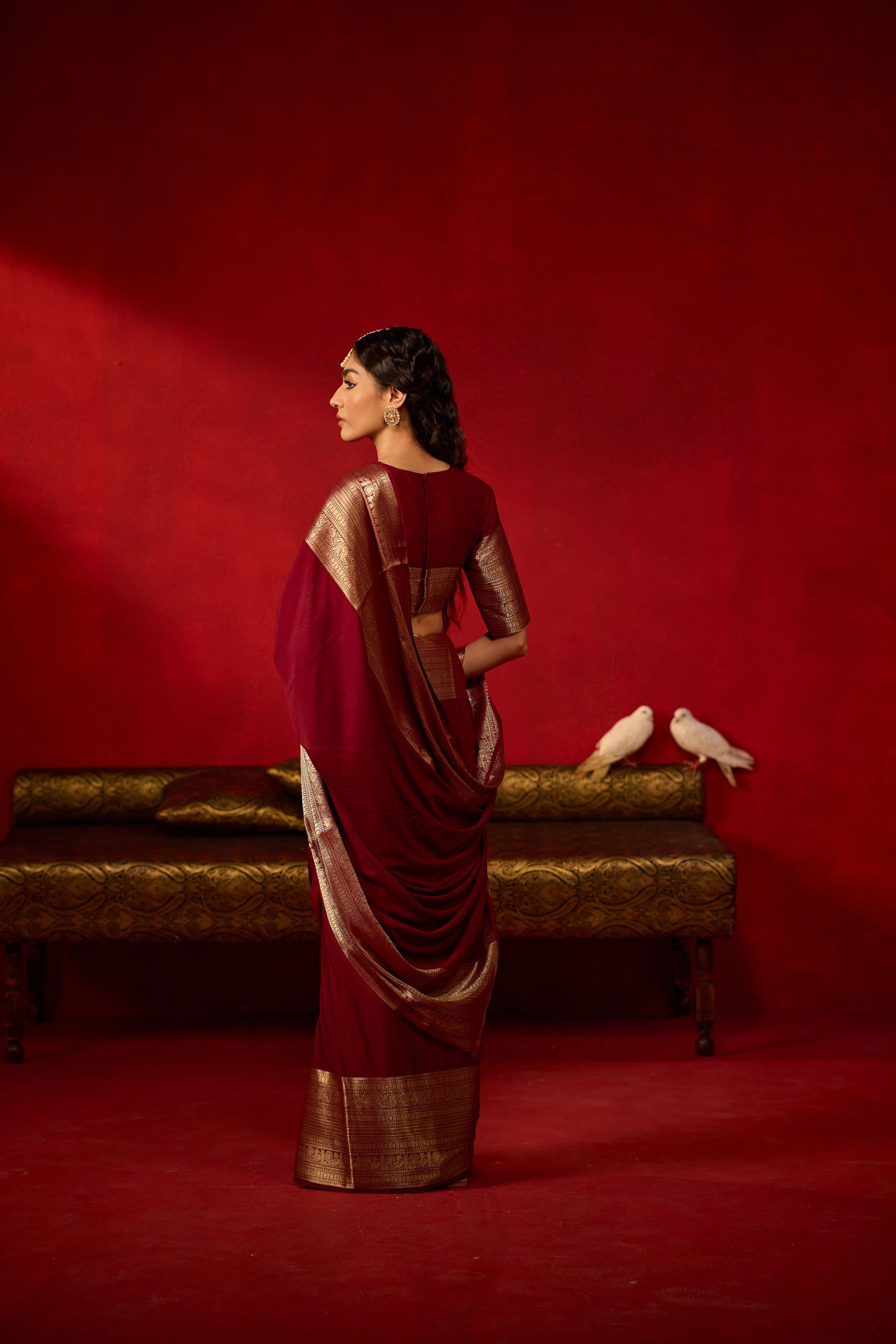 Maroon Viscose Saree with Antique Gold Zari Border