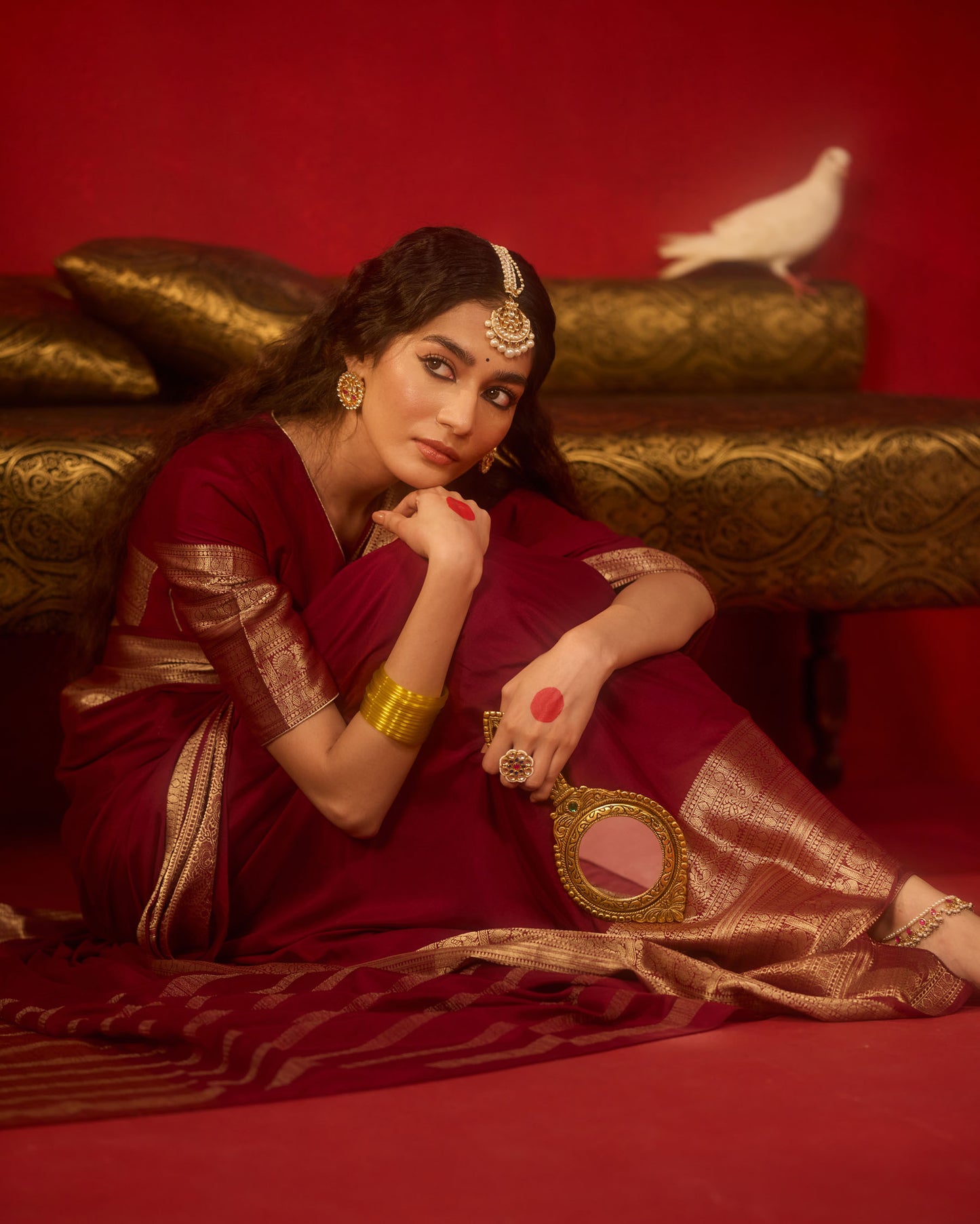 Maroon Viscose Saree with Antique Gold Zari Border