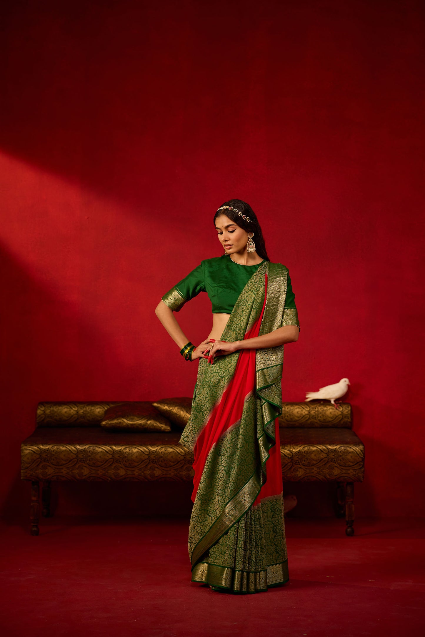 Red and Green Viscose Saree with Golden Zari Work
