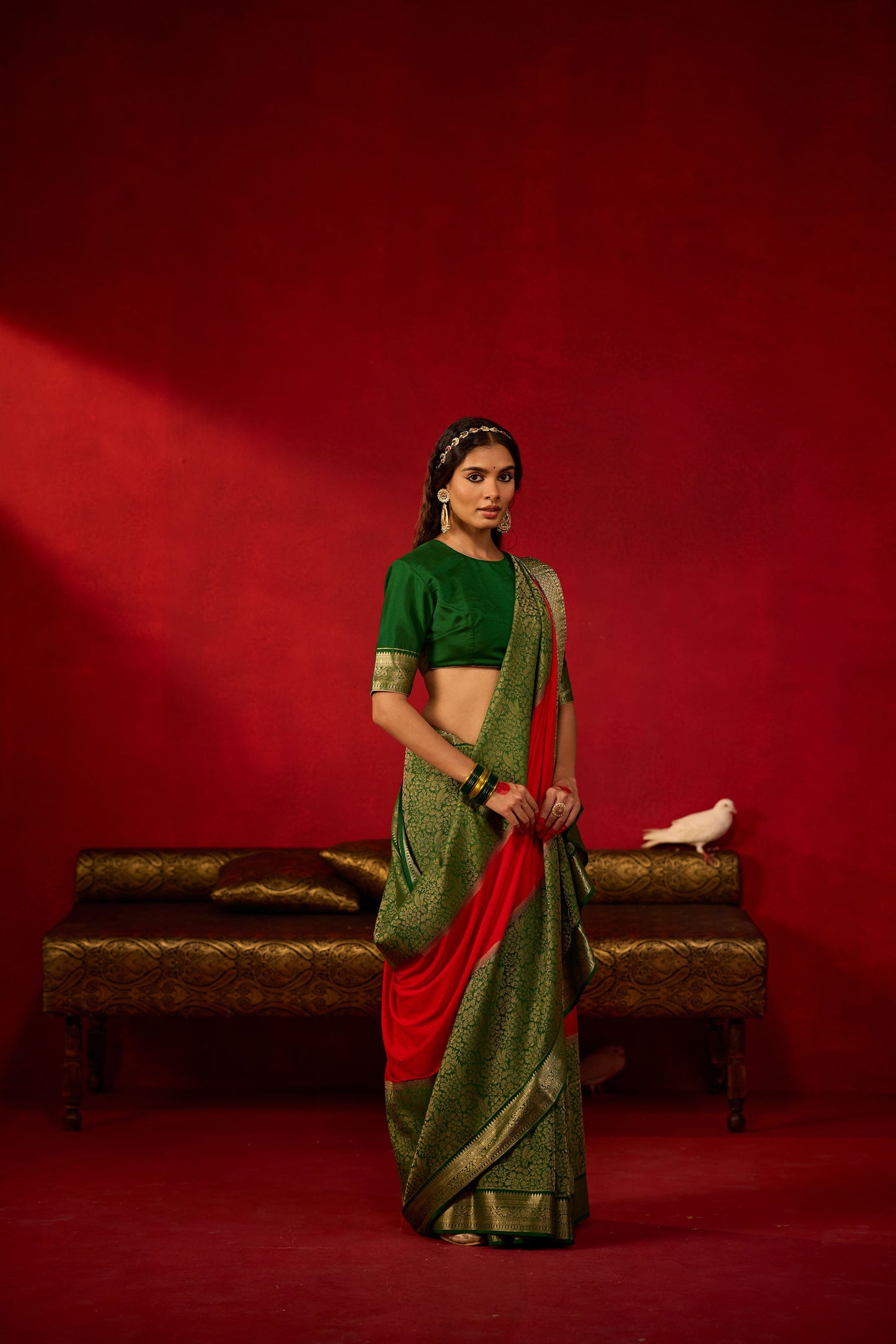 Red and Green Viscose Saree with Golden Zari Work