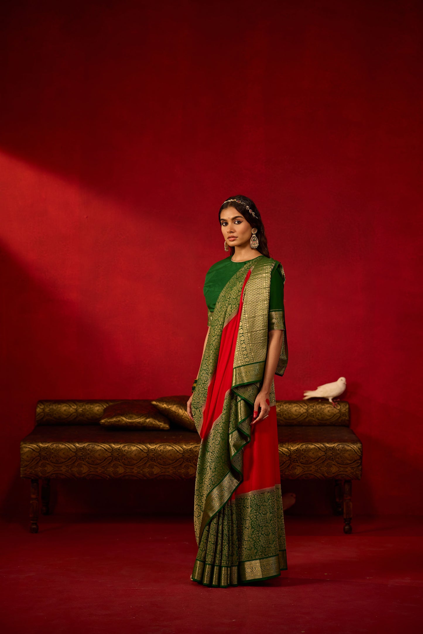Red and Green Viscose Saree with Golden Zari Work