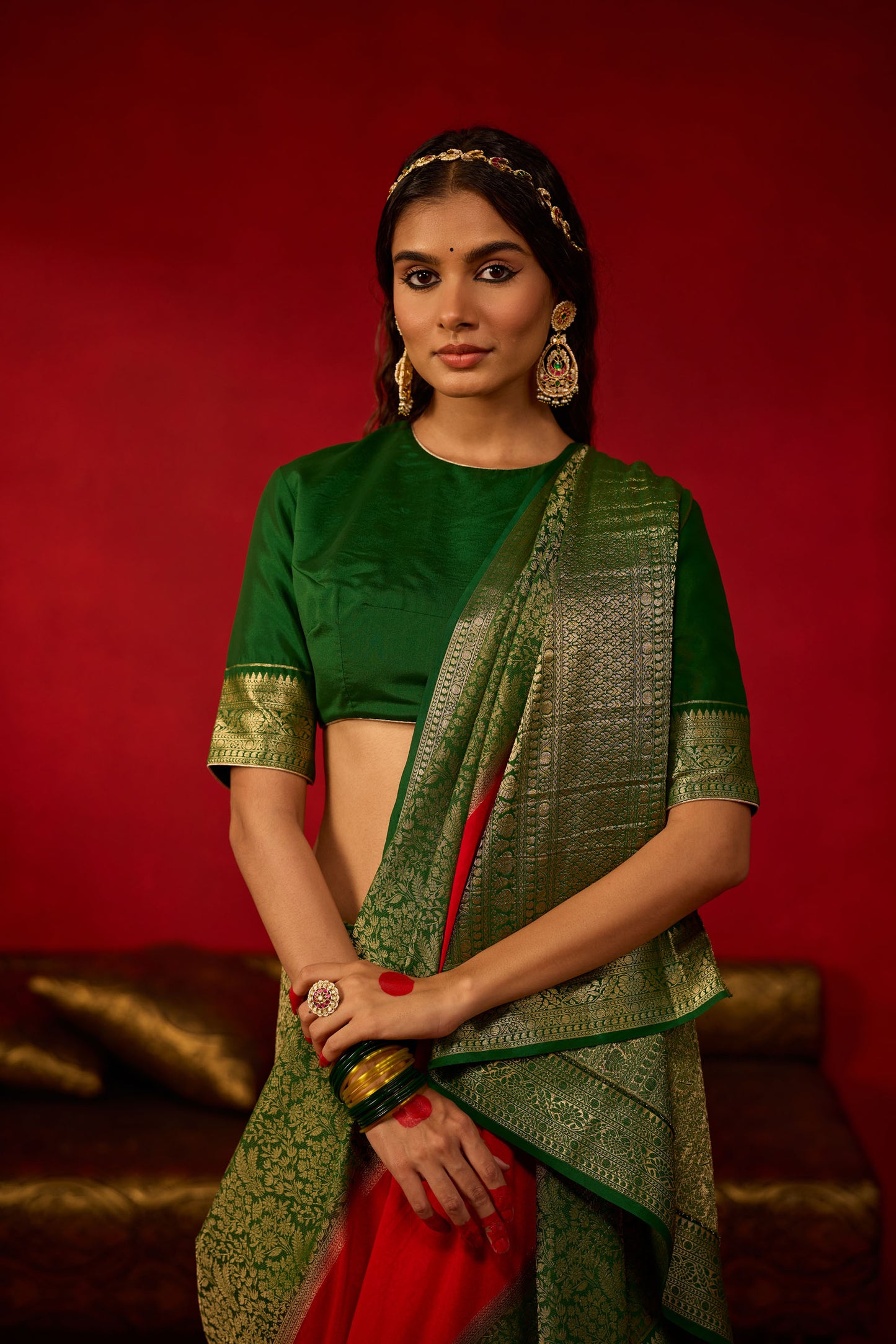 Red and Green Viscose Saree with Golden Zari Work