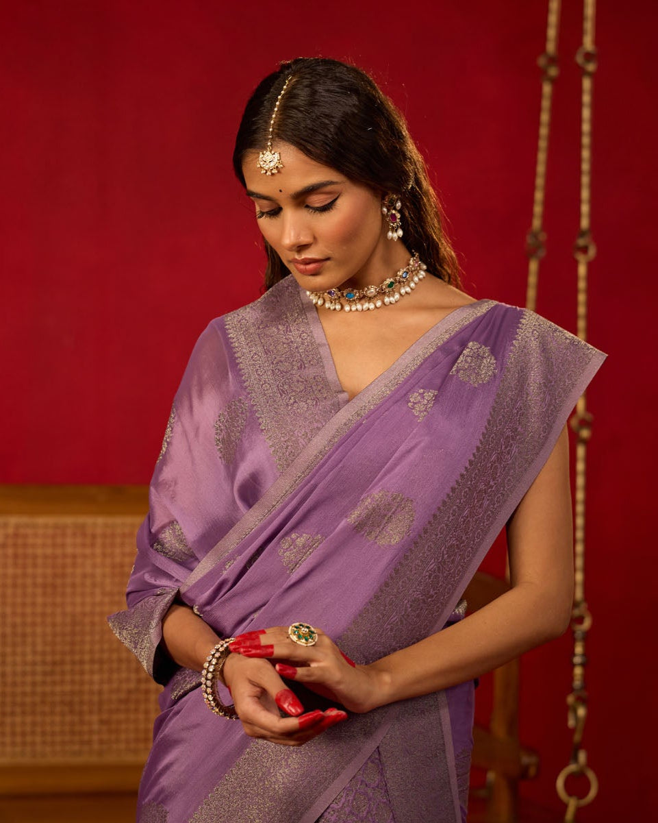 Lavender Viscose Saree with Gunmetal Zari