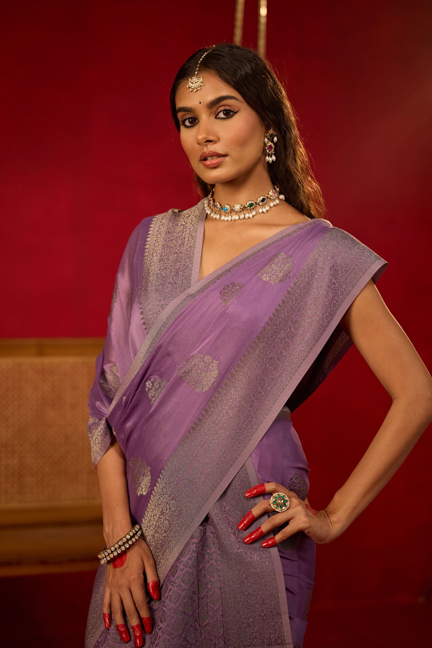 Lavender Viscose Saree with Gunmetal Zari