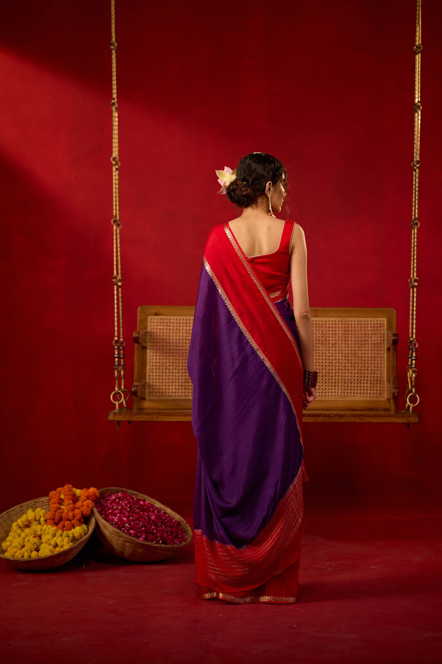 Purple-Red Viscose Saree with Gold Zari Border