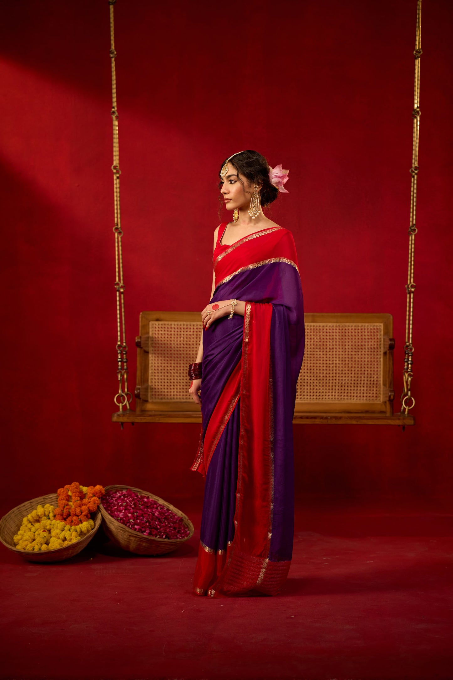 Purple-Red Viscose Saree with Gold Zari Border
