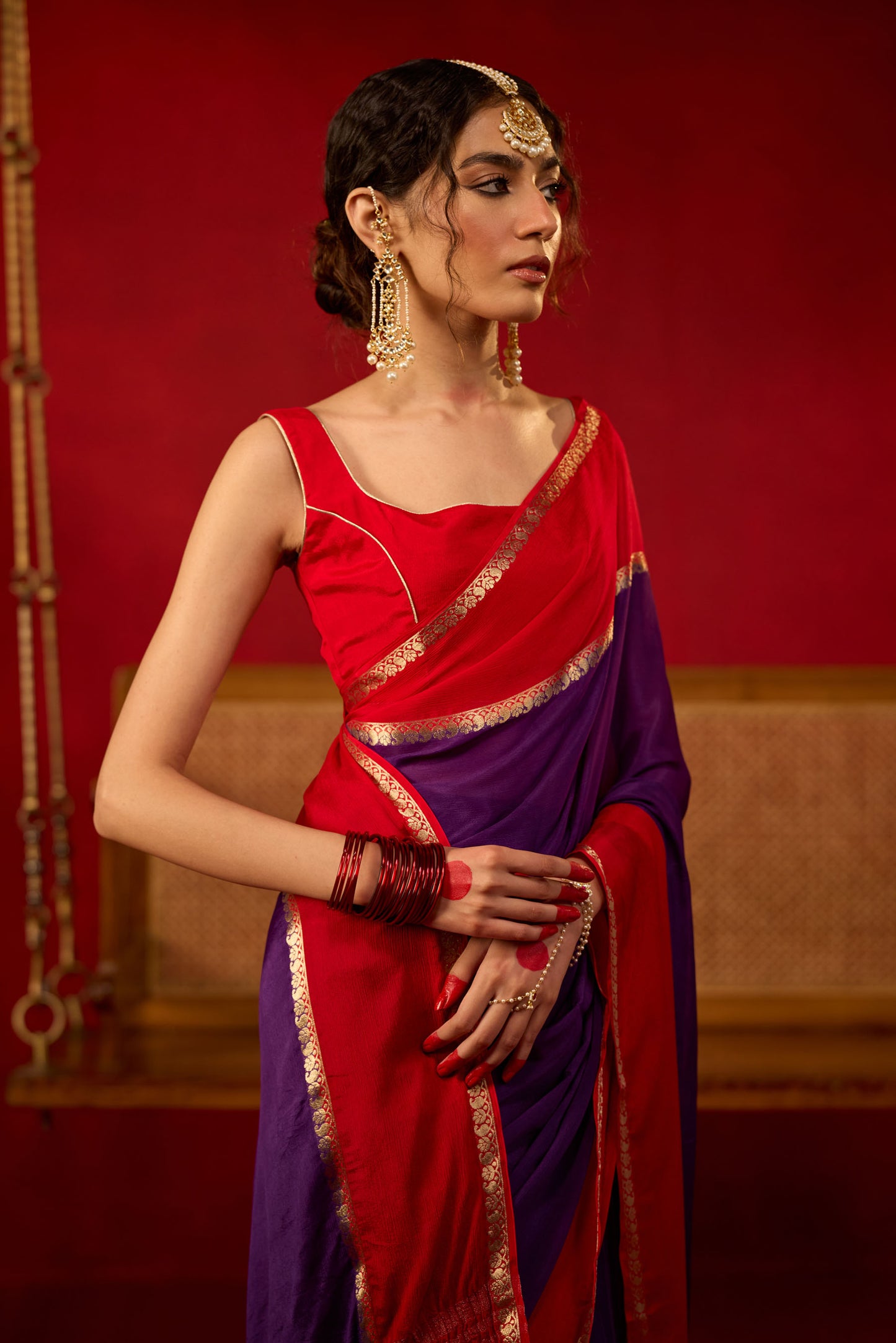Purple-Red Viscose Saree with Gold Zari Border