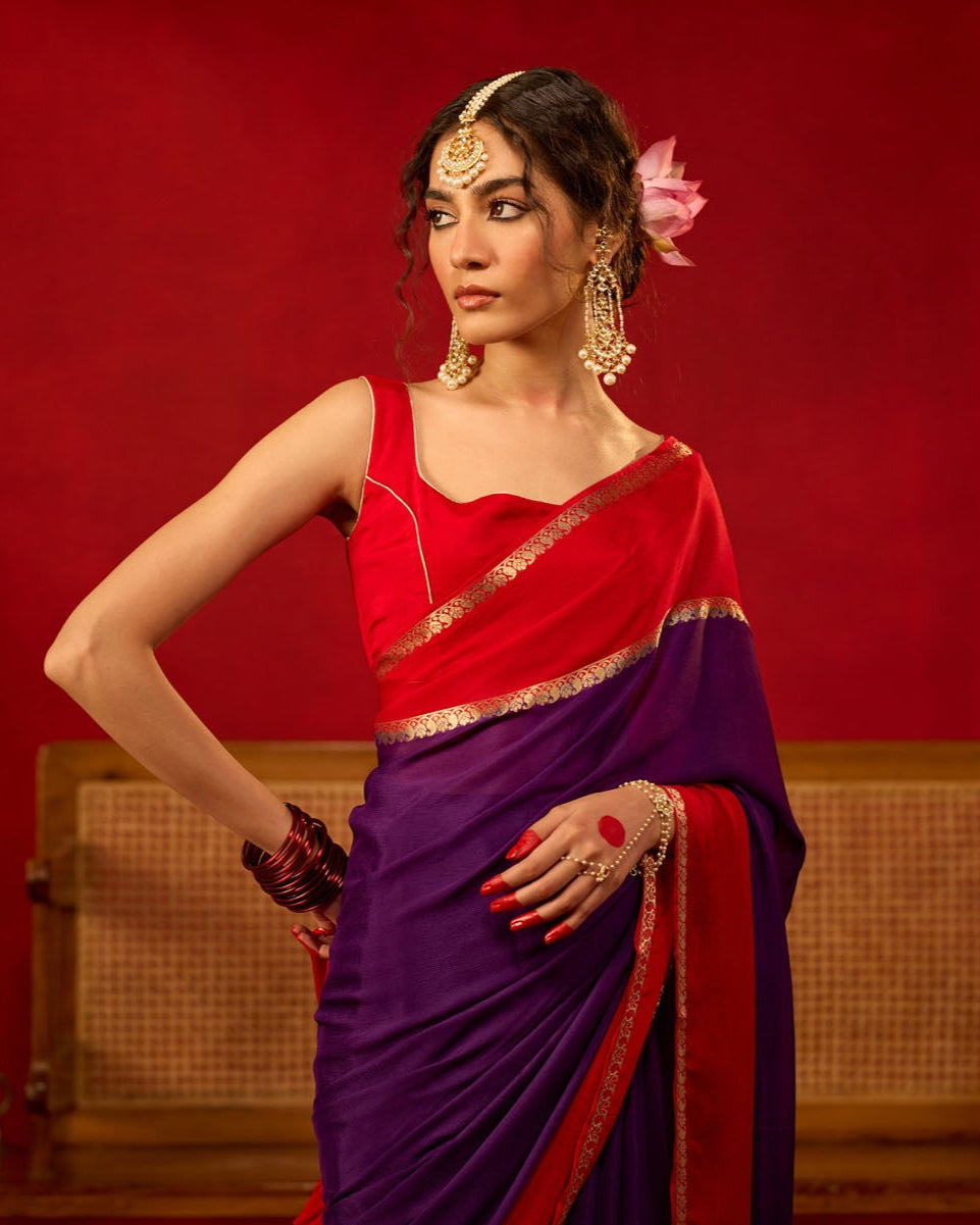 Purple-Red Viscose Saree with Gold Zari Border