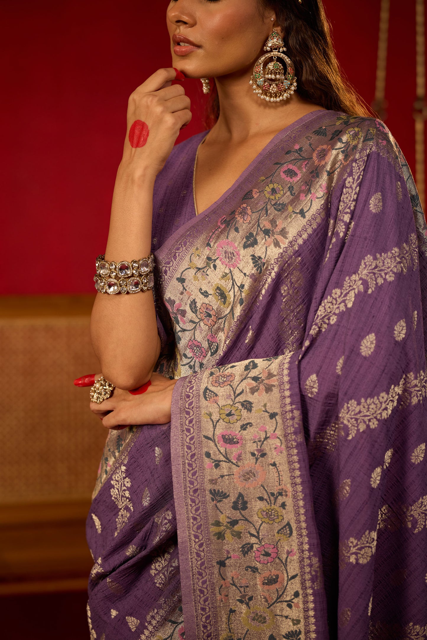 Purple Viscose Saree with Silver Zari and Multicolor Floral Border