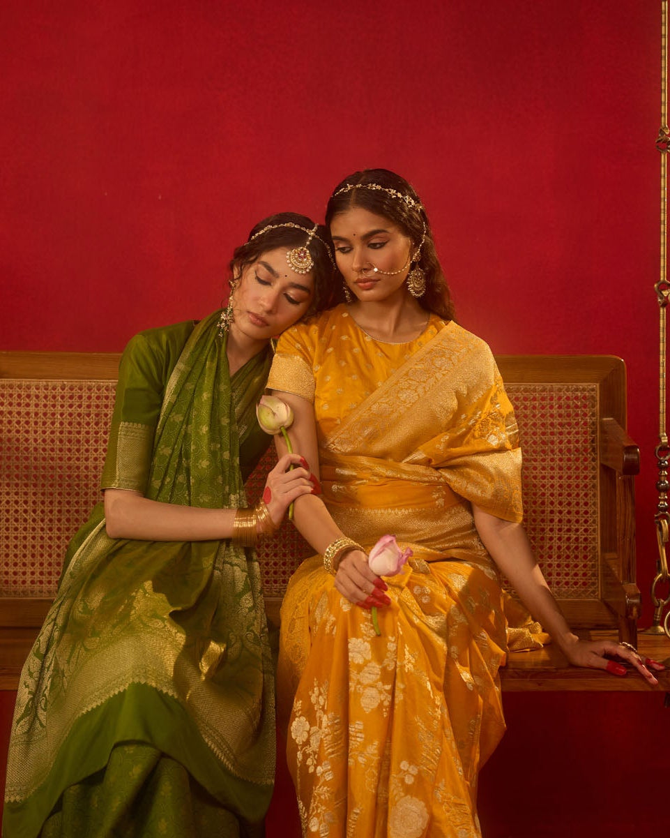 Olive Green Viscose Saree with Golden Jacquard Border