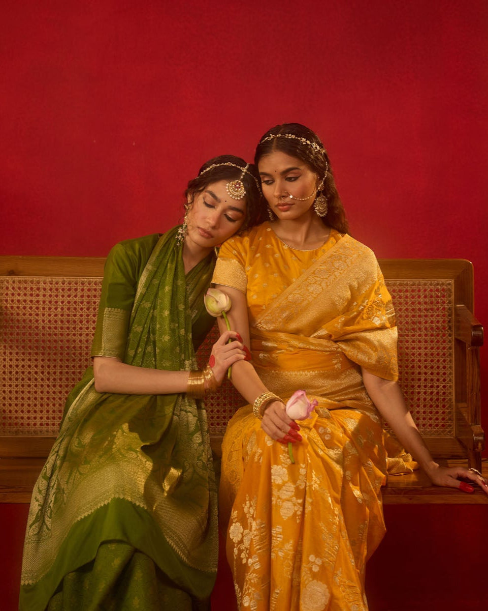Golden Mustard Viscose Saree with Intricate Zari Work