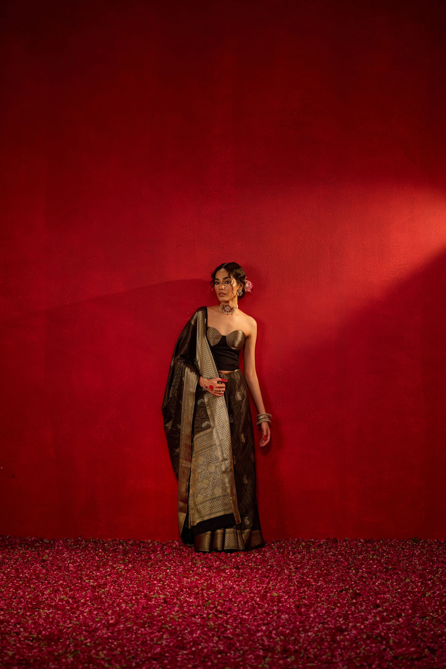 Black Viscose Jacquard Saree with Gold Zari Paisley Weave & Rich Border